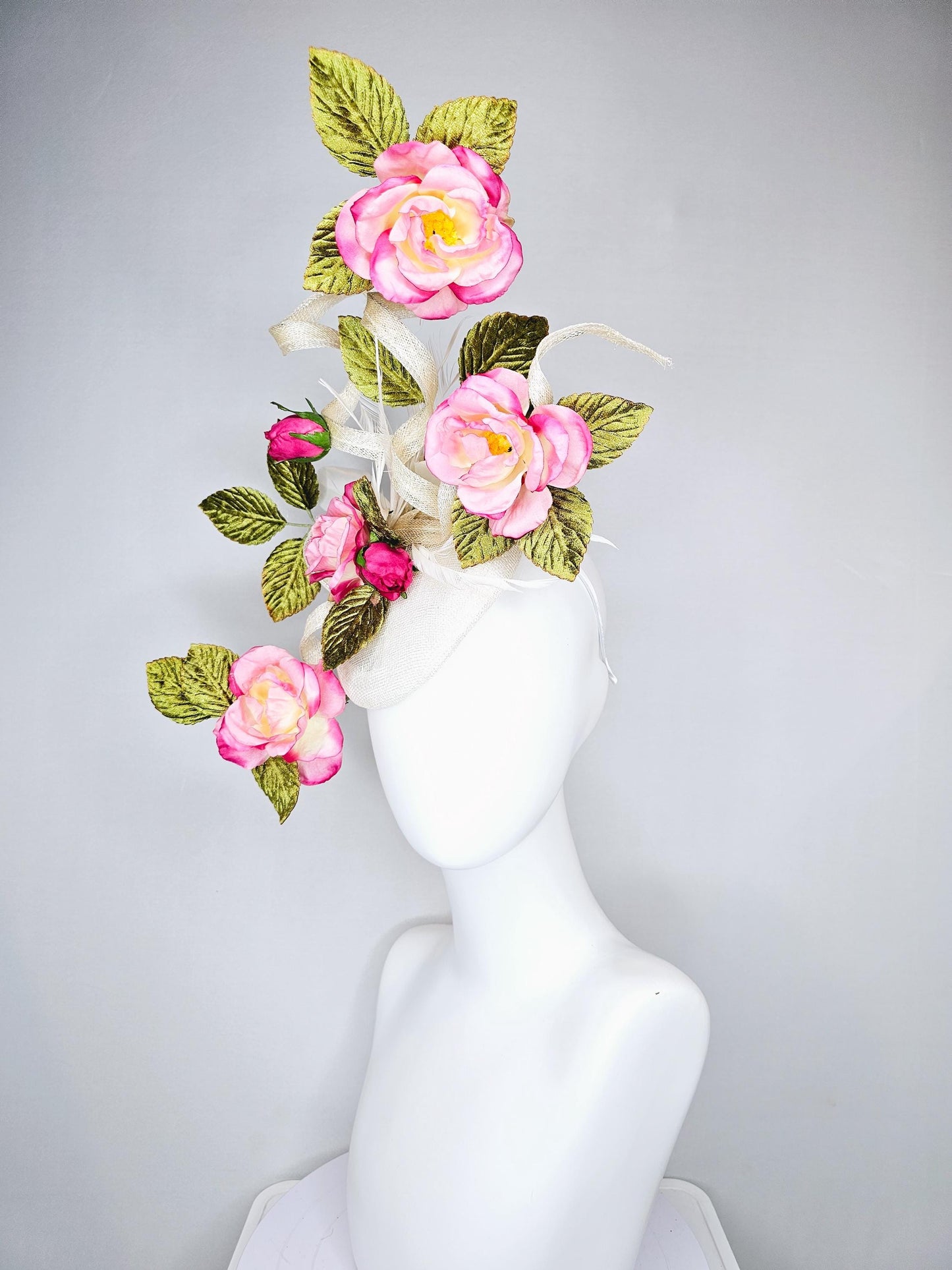 kentucky derby hat fascinator ivory white sinamay with large curls,green velvet leaves with ombre pink rose flowers with white feathers