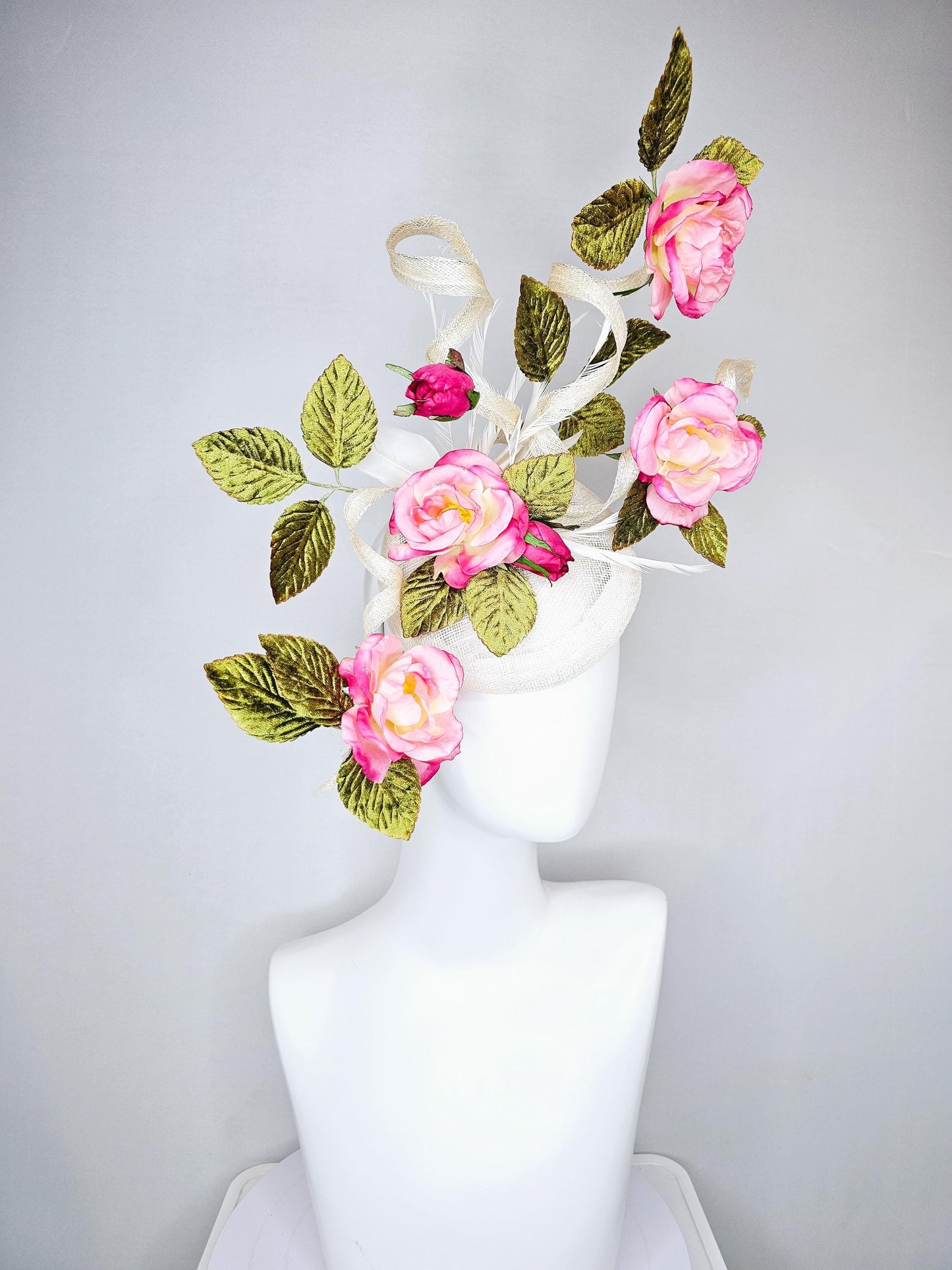 kentucky derby hat fascinator ivory white sinamay with large curls,green velvet leaves with ombre pink rose flowers with white feathers