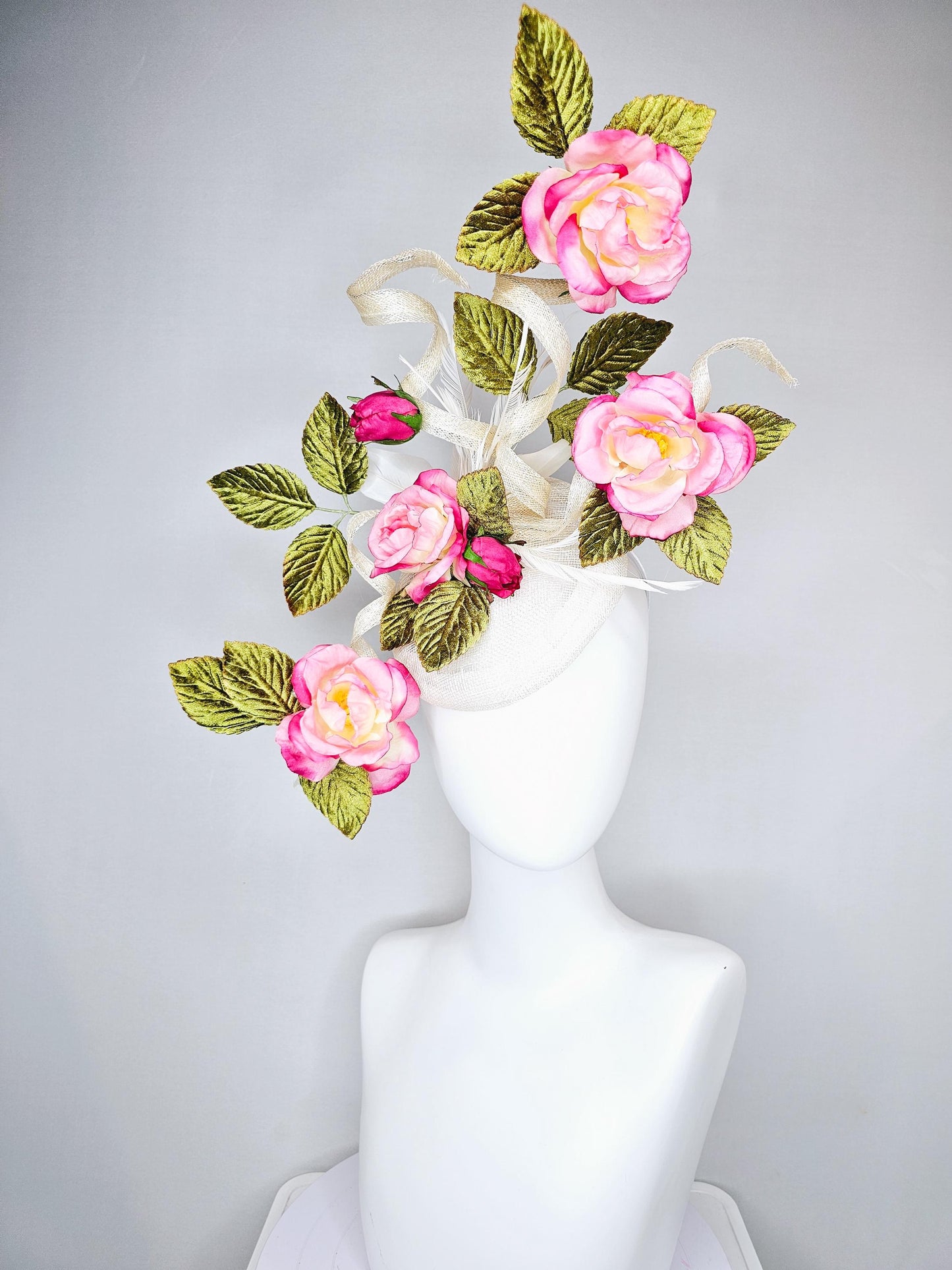 kentucky derby hat fascinator ivory white sinamay with large curls,green velvet leaves with ombre pink rose flowers with white feathers