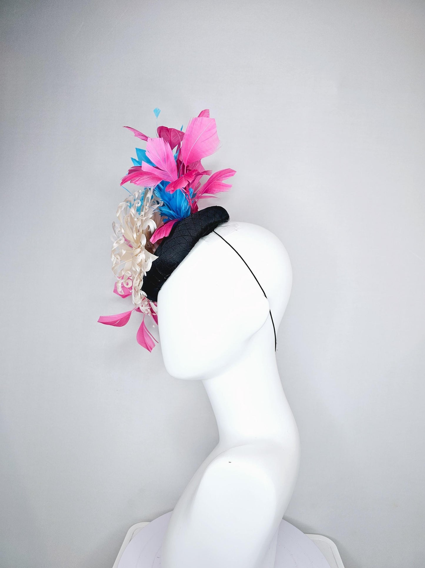 kentucky derby hat fascinator black satin with netting,ivory white curly feather flower w/ pearl strings,blue and pink branching feathers