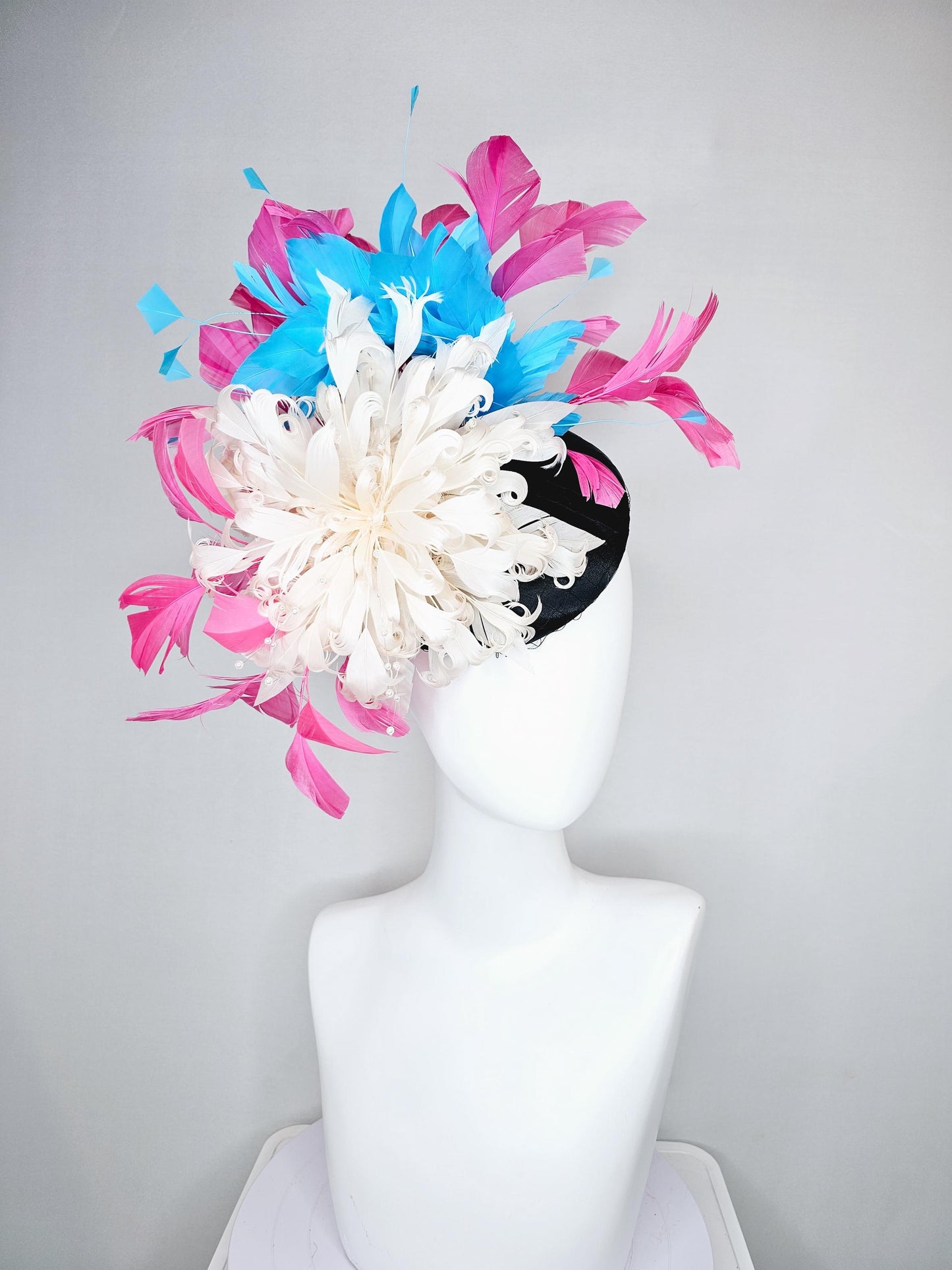 kentucky derby hat fascinator black satin with netting,ivory white curly feather flower w/ pearl strings,blue and pink branching feathers