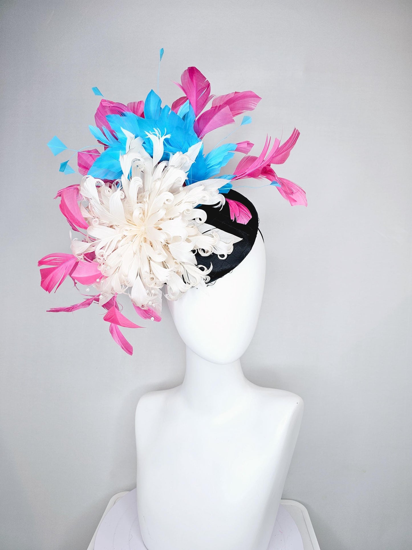 kentucky derby hat fascinator black satin with netting,ivory white curly feather flower w/ pearl strings,blue and pink branching feathers