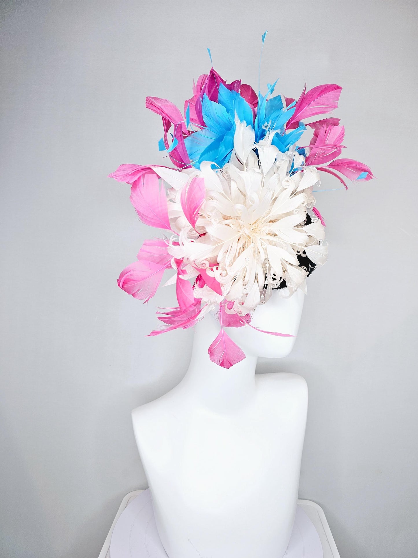 kentucky derby hat fascinator black satin with netting,ivory white curly feather flower w/ pearl strings,blue and pink branching feathers