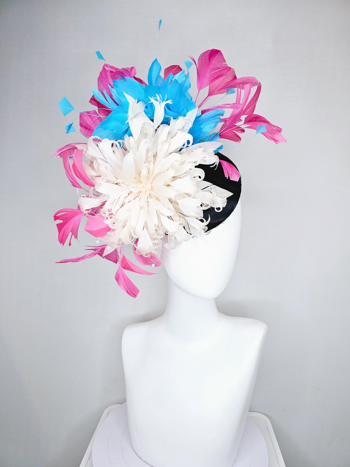 kentucky derby hat fascinator black satin with netting,ivory white curly feather flower w/ pearl strings,blue and pink branching feathers