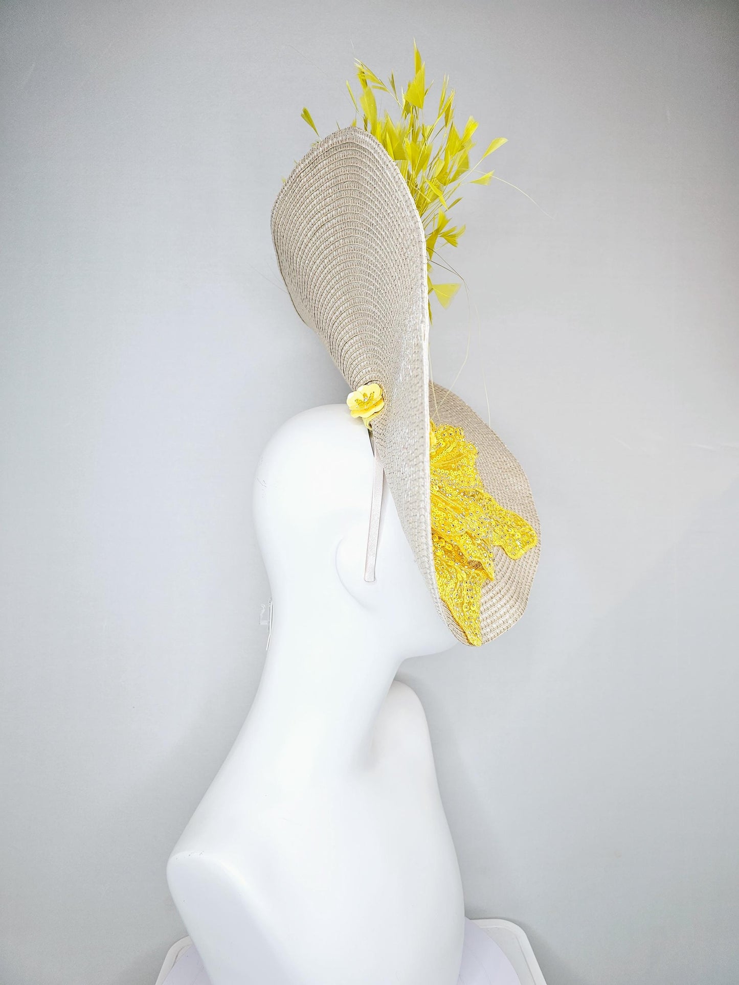 kentucky derby hat fascinator tan,beige,neutral straw saucer with bright yellow sequined floral embroidered and yellow branching feathers