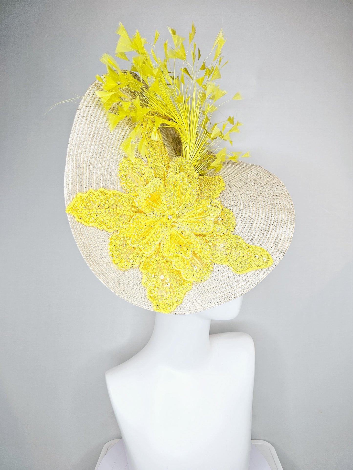 kentucky derby hat fascinator tan,beige,neutral straw saucer with bright yellow sequined floral embroidered and yellow branching feathers