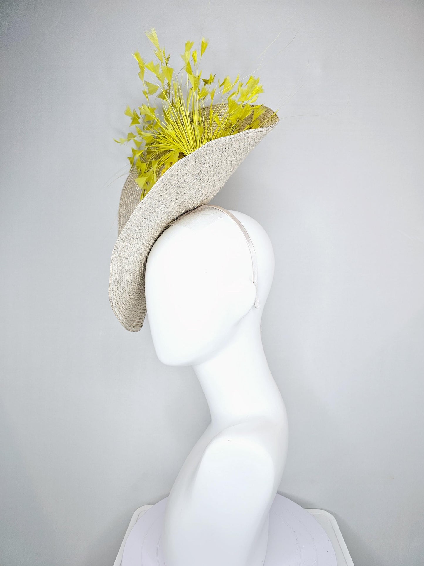 kentucky derby hat fascinator tan,beige,neutral straw saucer with bright yellow sequined floral embroidered and yellow branching feathers