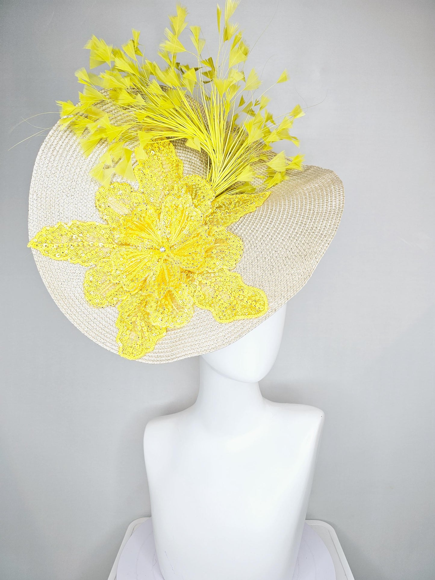 kentucky derby hat fascinator tan,beige,neutral straw saucer with bright yellow sequined floral embroidered and yellow branching feathers