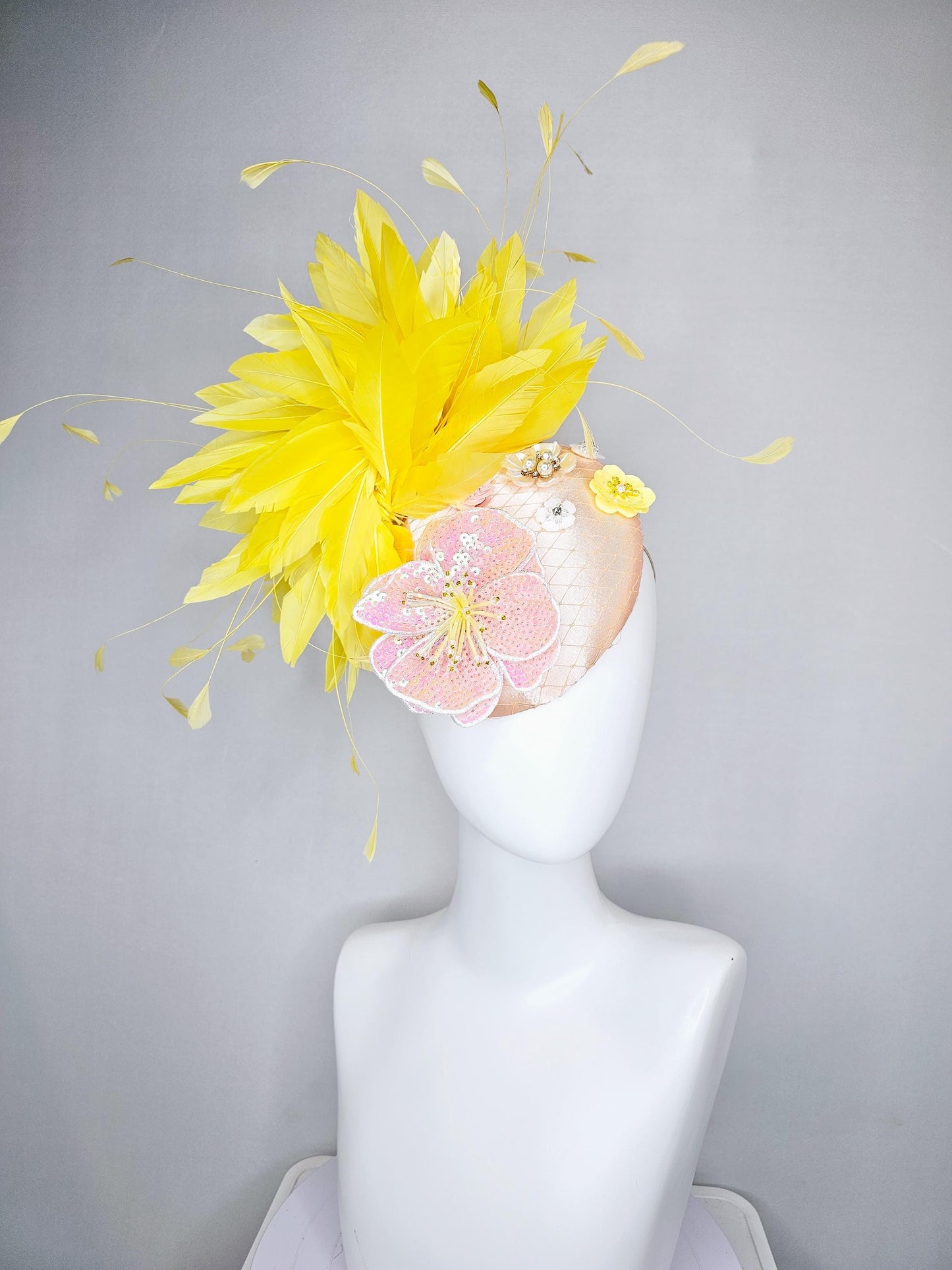 kentucky derby hat fascinator champagne satin with netting,light pink iridescent sequin floral embroidery,beaded flowers,yellow feathers