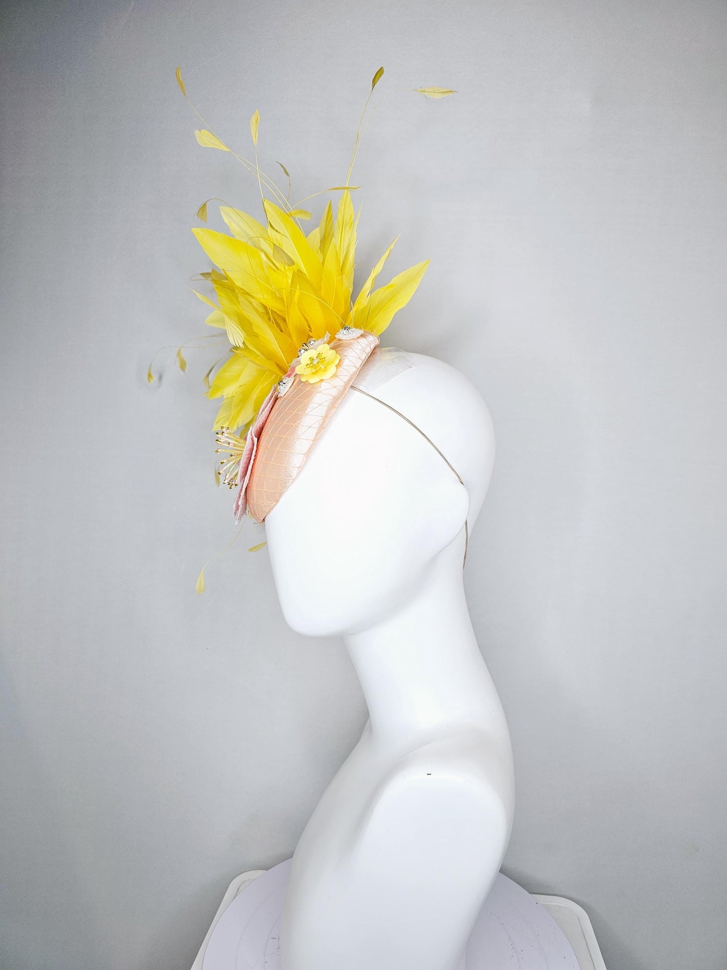 kentucky derby hat fascinator champagne satin with netting,light pink iridescent sequin floral embroidery,beaded flowers,yellow feathers