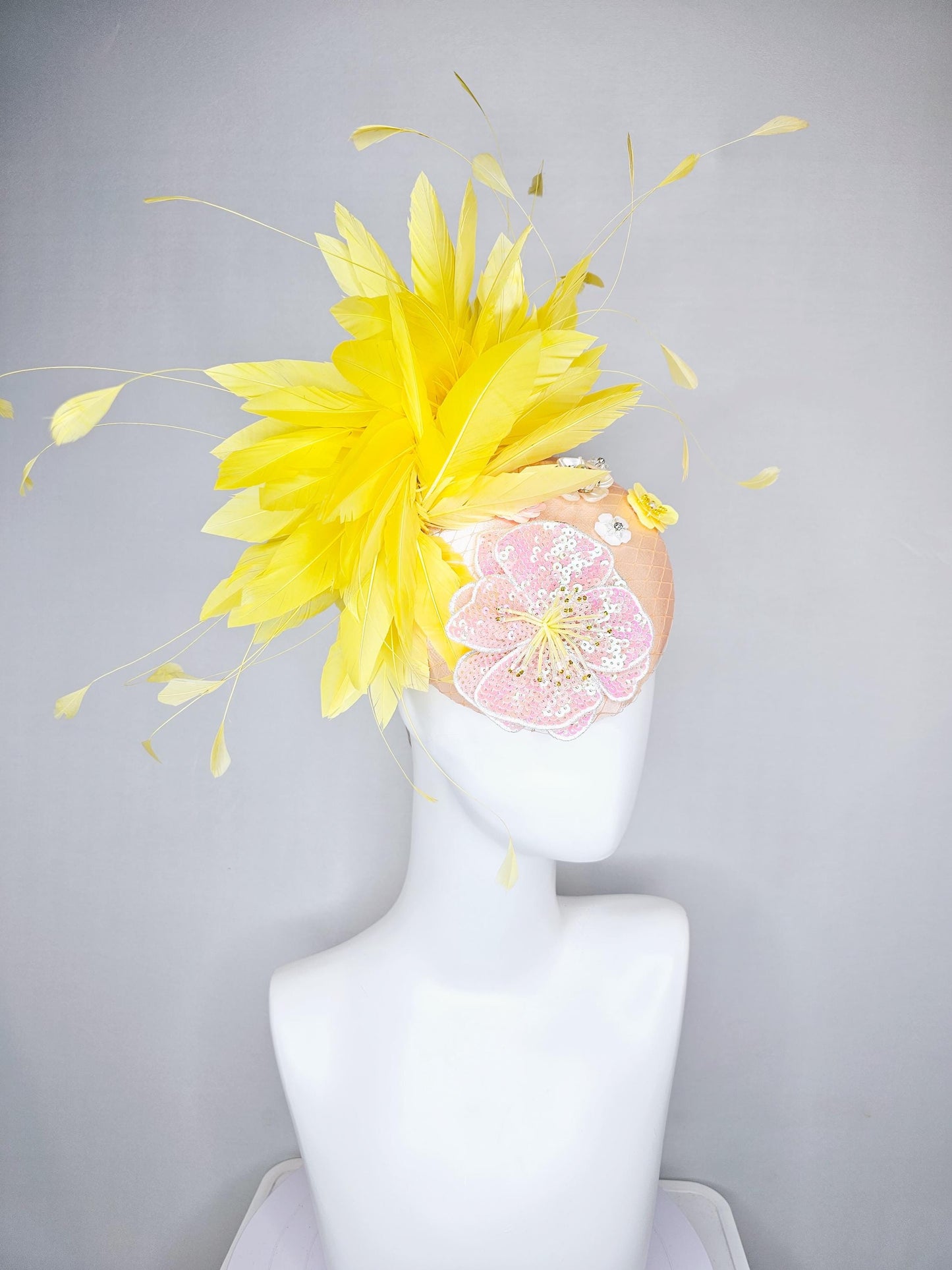 kentucky derby hat fascinator champagne satin with netting,light pink iridescent sequin floral embroidery,beaded flowers,yellow feathers