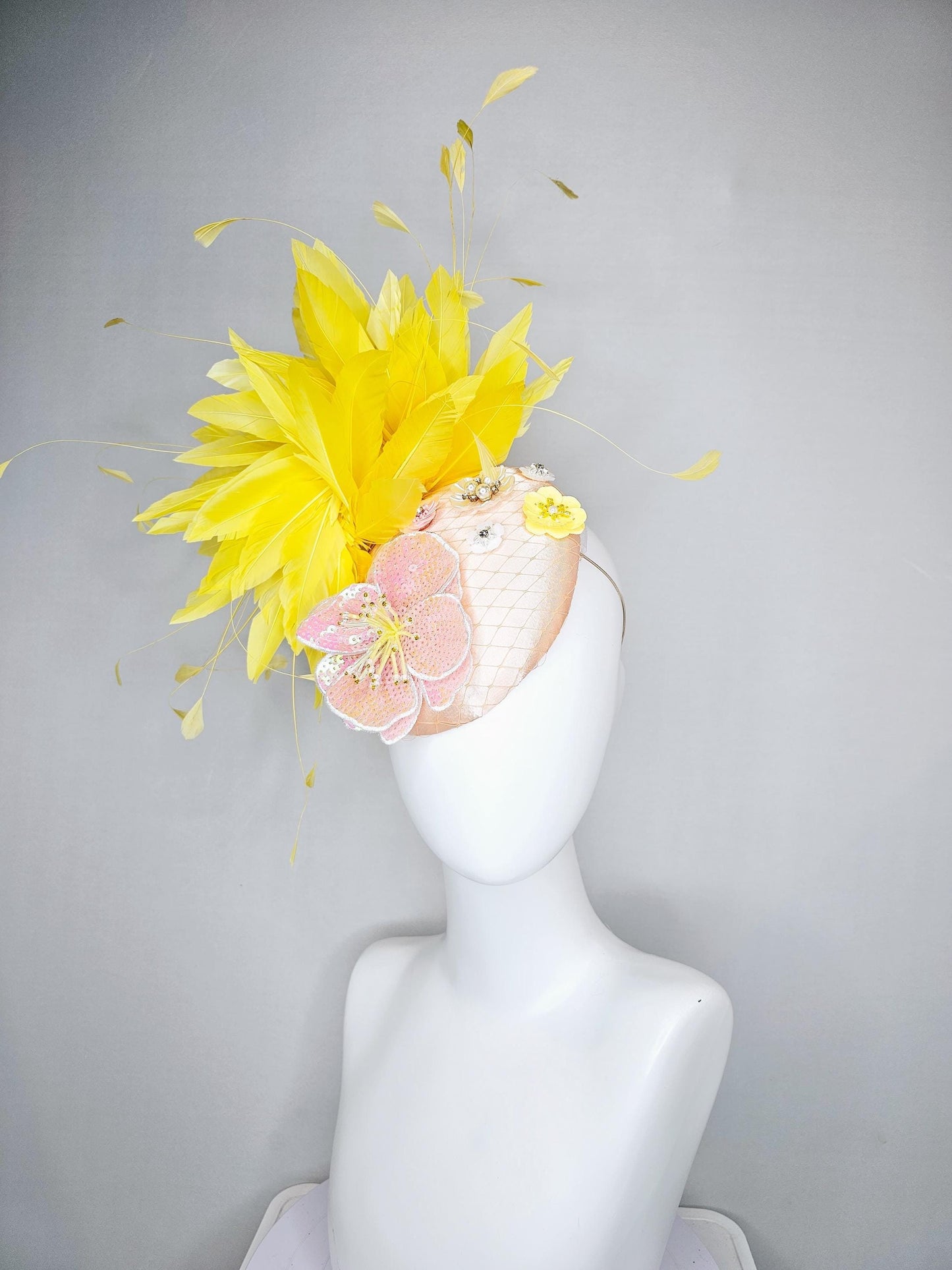kentucky derby hat fascinator champagne satin with netting,light pink iridescent sequin floral embroidery,beaded flowers,yellow feathers