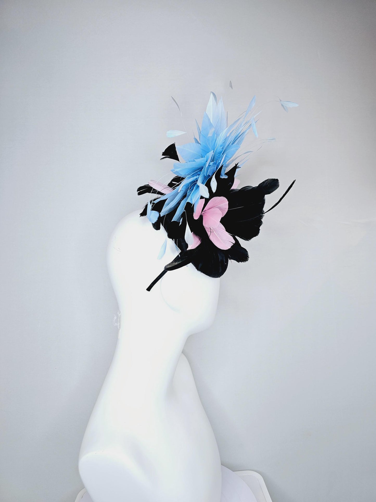 kentucky derby hat fascinator black satin with netting, with black, light pink and sky light blue branching feathers