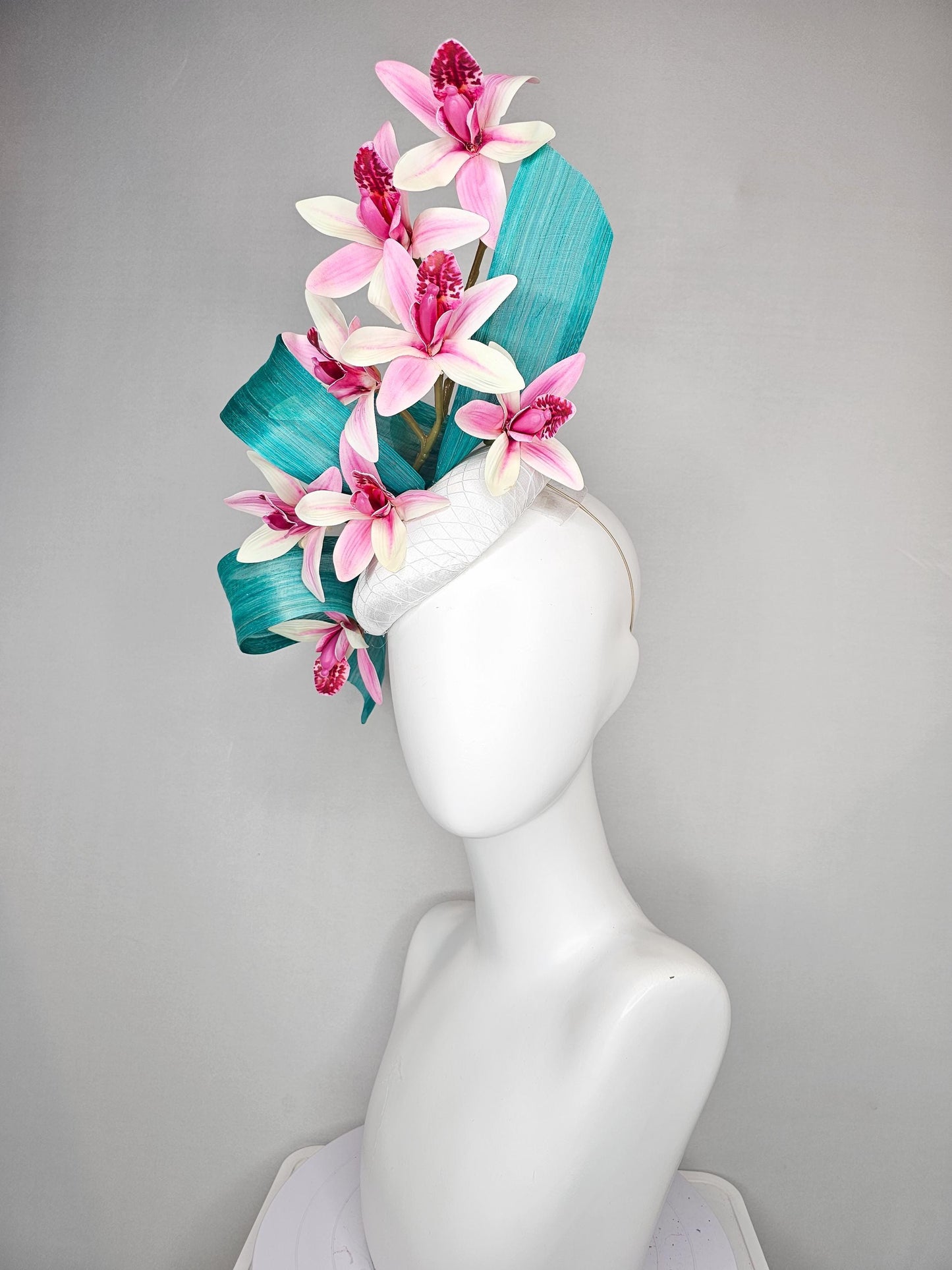 kentucky derby hat fascinator white satin with netting,with branching ombre pink orchids and turquoise blue silk