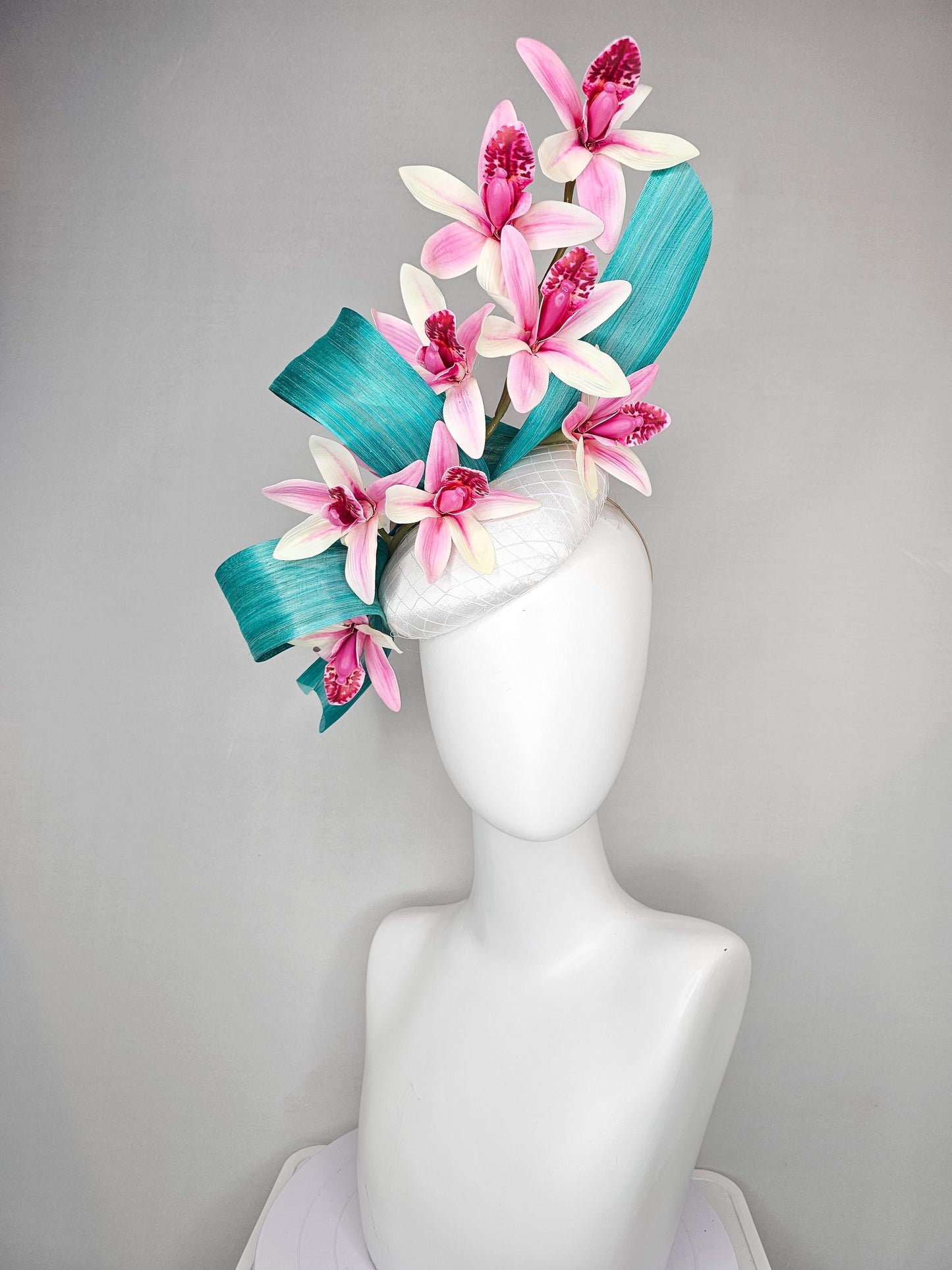 kentucky derby hat fascinator white satin with netting,with branching ombre pink orchids and turquoise blue silk