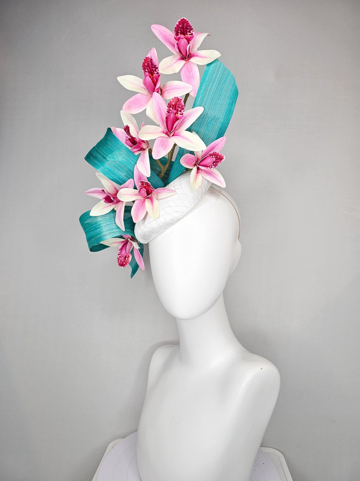 kentucky derby hat fascinator white satin with netting,with branching ombre pink orchids and turquoise blue silk