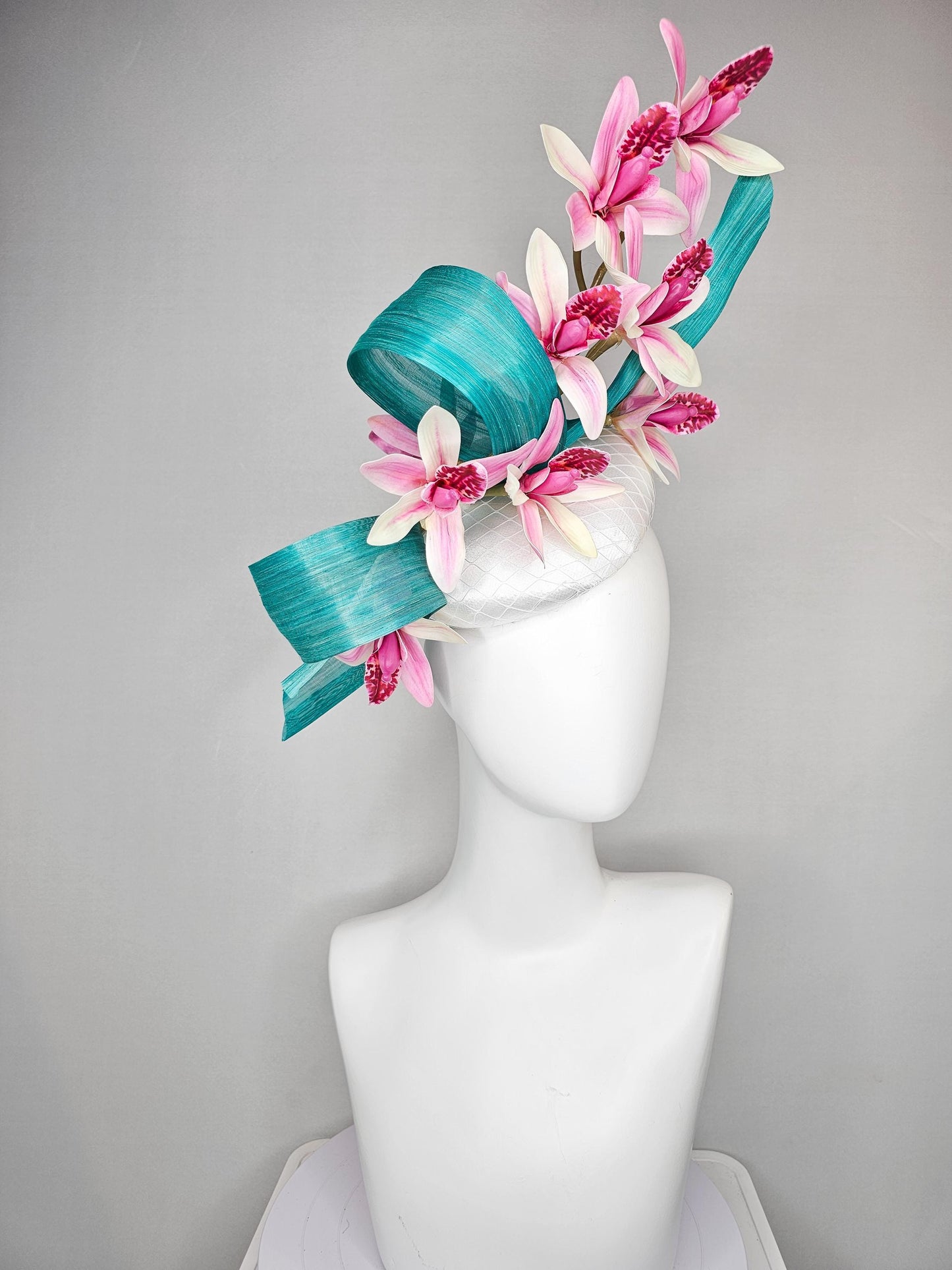 kentucky derby hat fascinator white satin with netting,with branching ombre pink orchids and turquoise blue silk