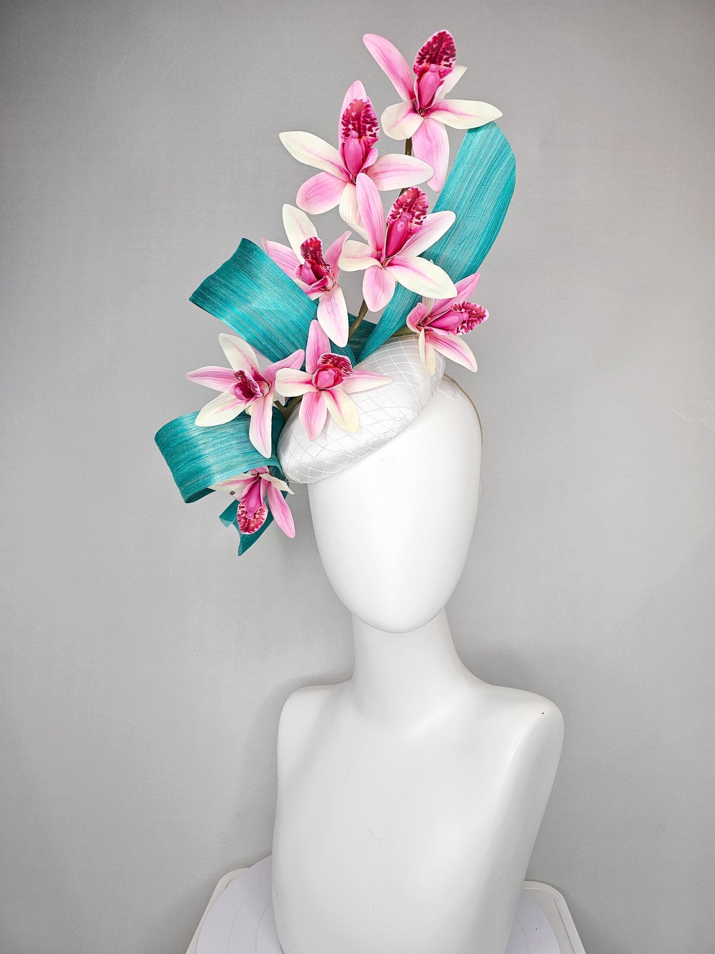 kentucky derby hat fascinator white satin with netting,with branching ombre pink orchids and turquoise blue silk
