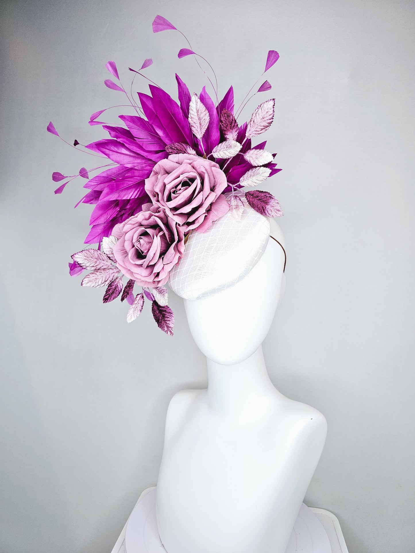 kentucky derby hat fascinator white satin with netting lilac pink silk flowers and magenta purple branching feathers