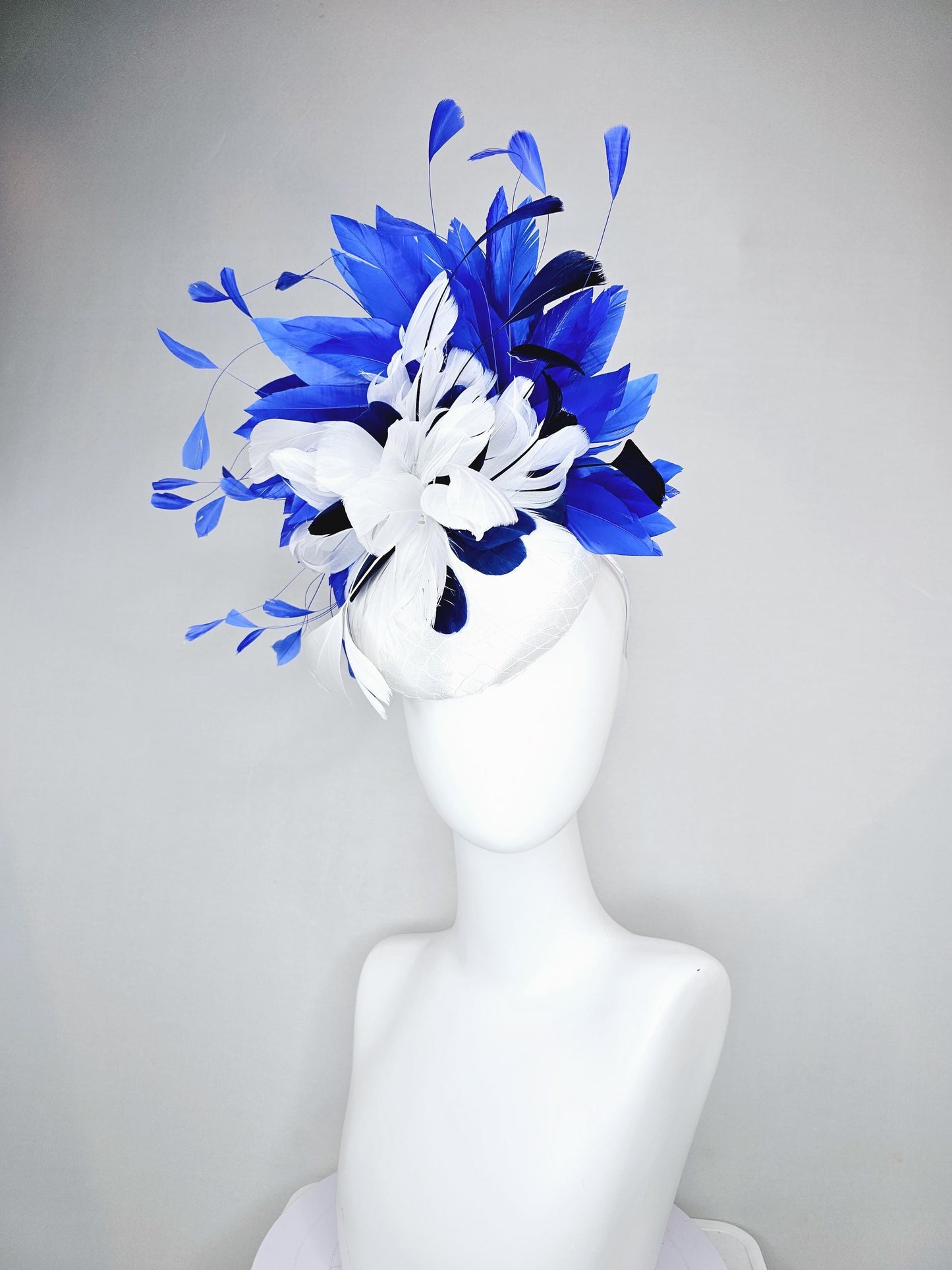 kentucky derby hat fascinator white satin with netting with midnight navy blue white and royal blue branching feathers