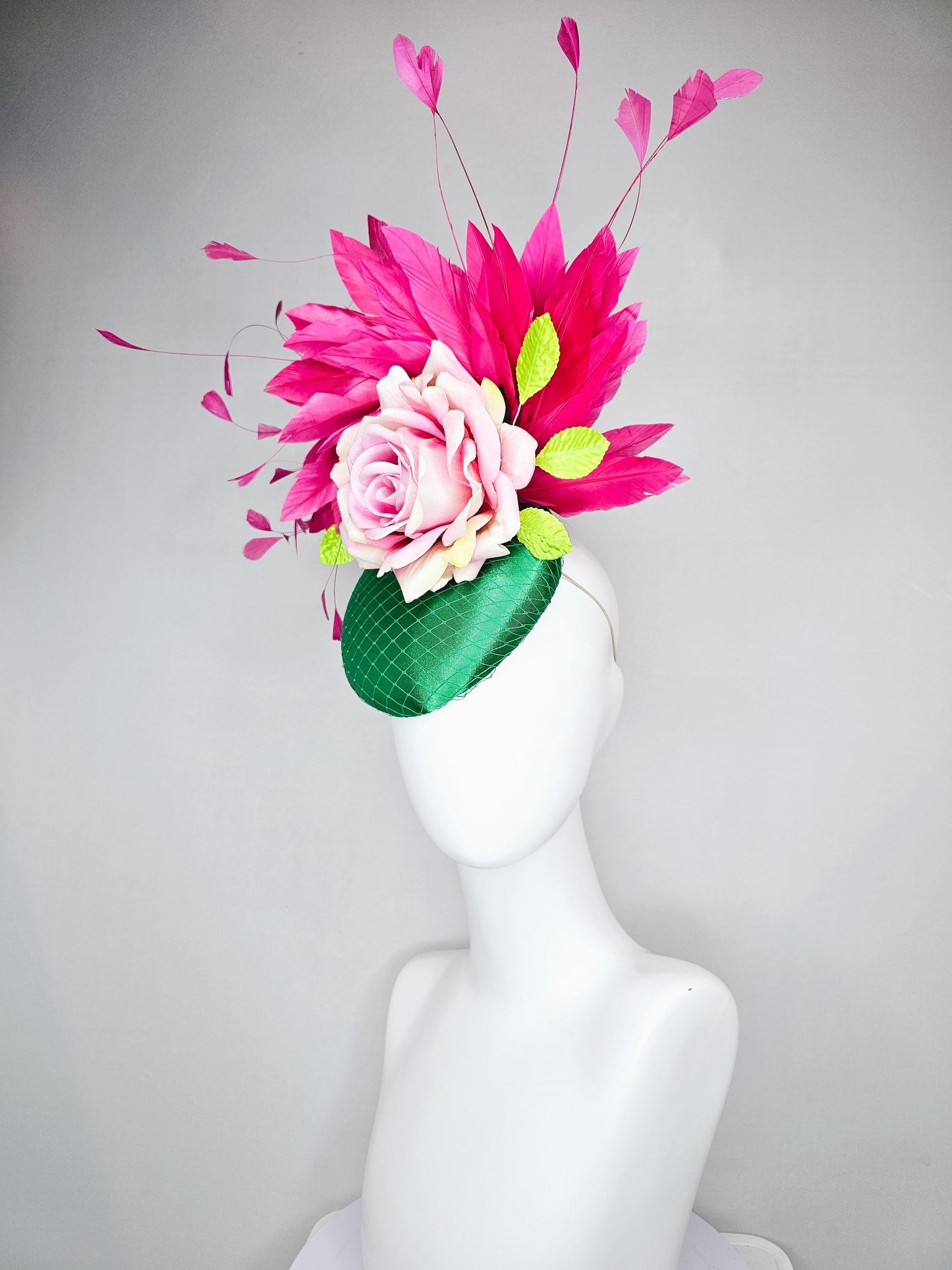kentucky derby hat fascinator emerald green satin with netting,ombre light pink satin rose,lime green leaves and pink branching feathers
