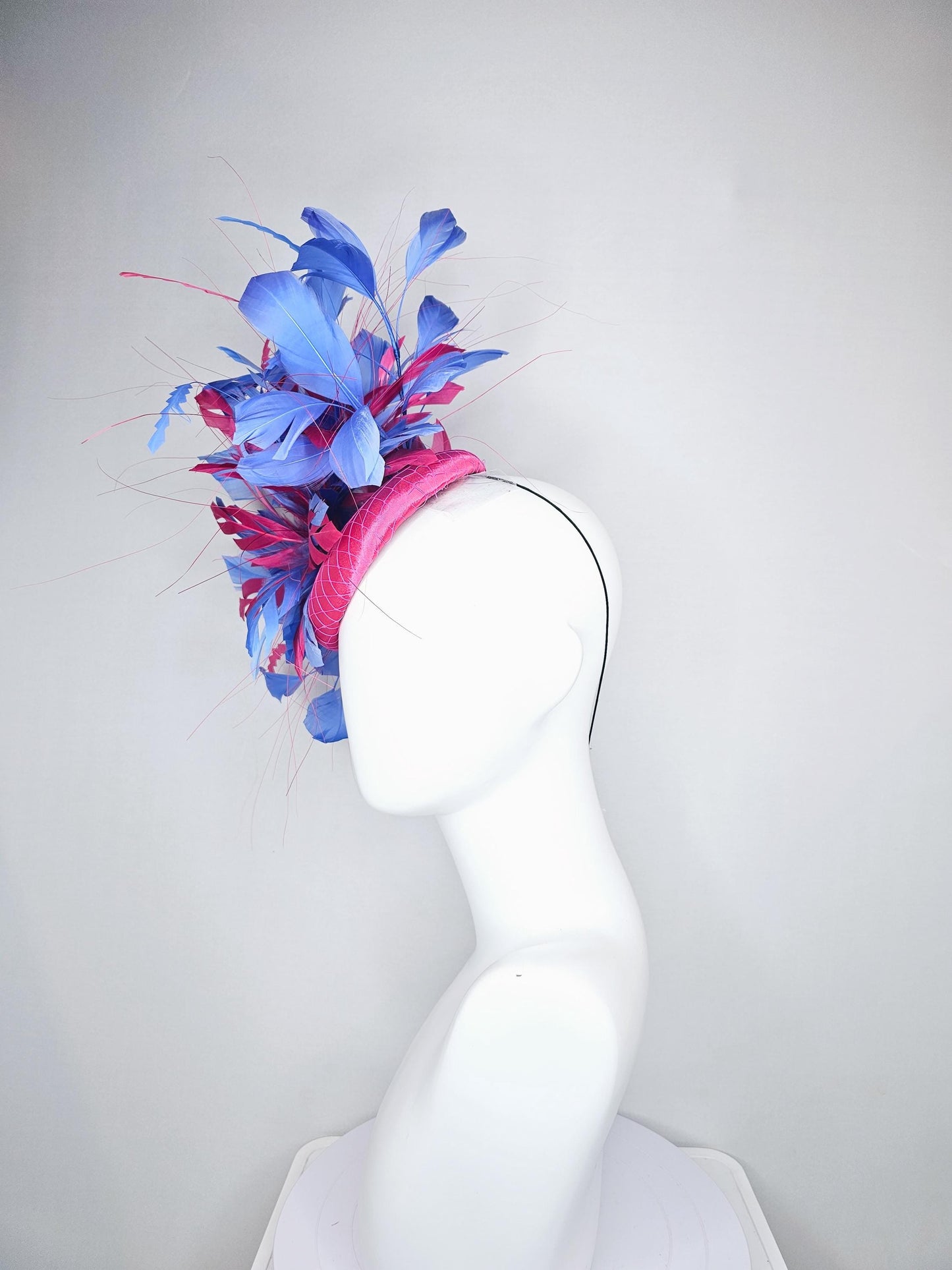 kentucky derby hat fascinator bright pink satin with netting with hot pink and cobalt blue branching feathers