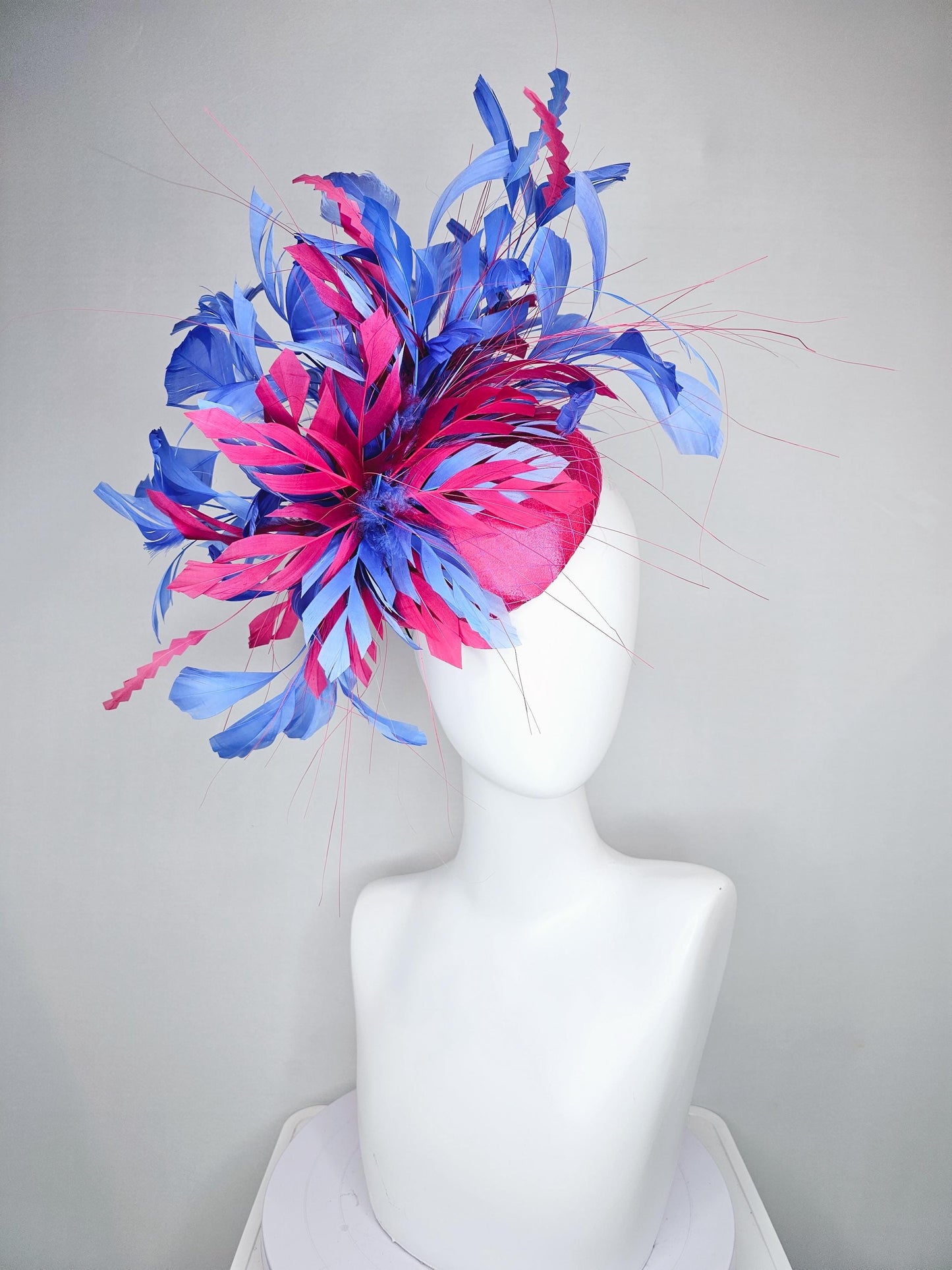 kentucky derby hat fascinator bright pink satin with netting with hot pink and cobalt blue branching feathers