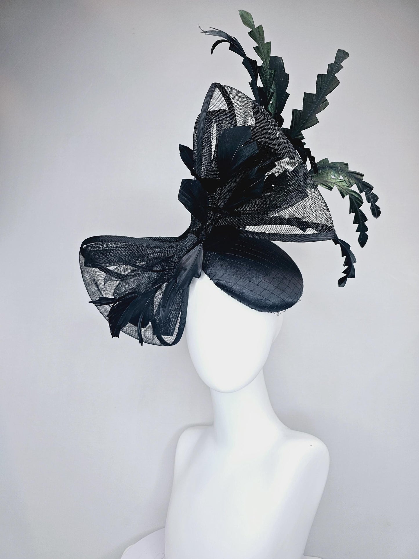 kentucky derby hat fascinator black satin with netting with large black mesh bow and black zigzag branching feathers