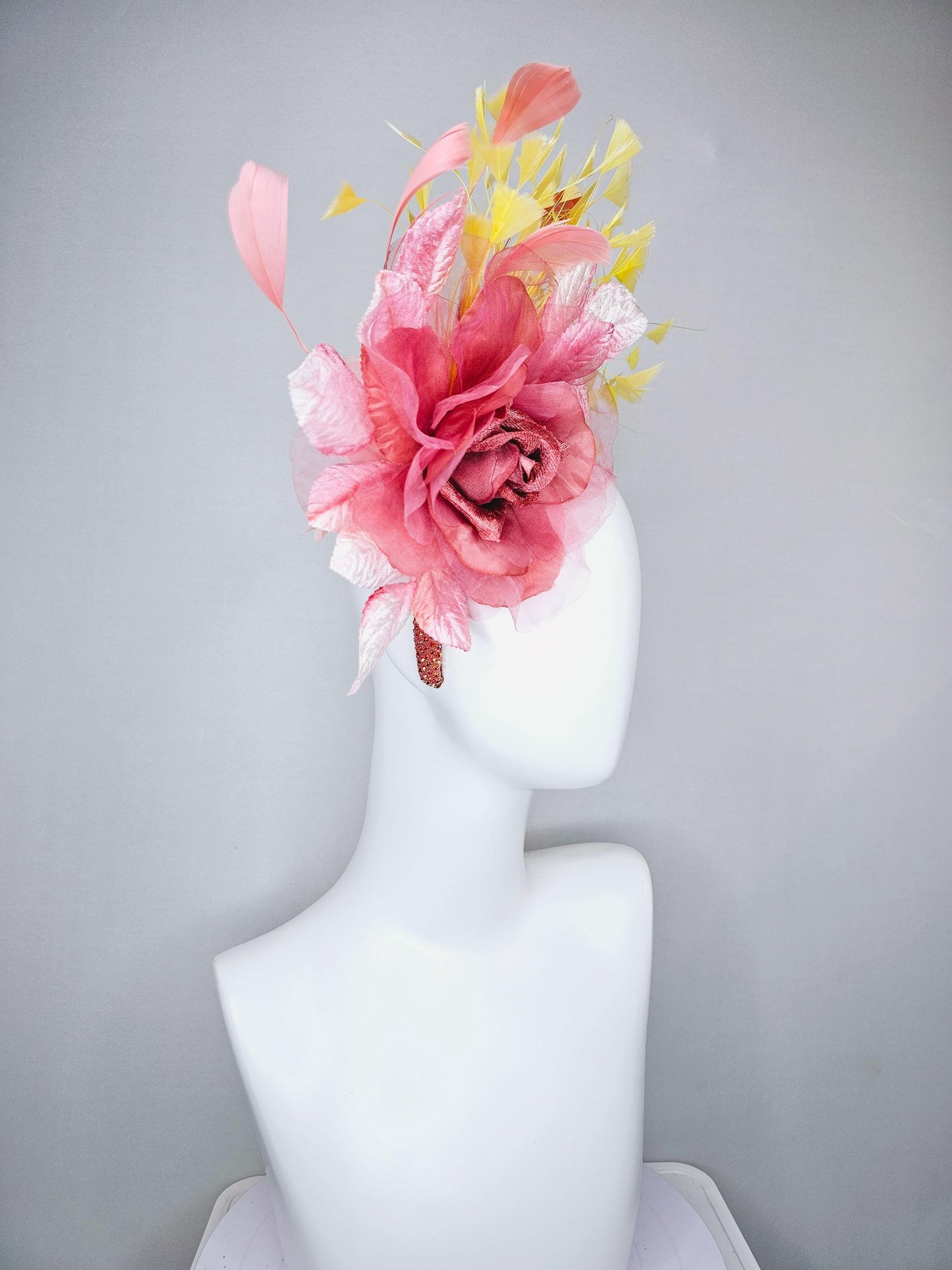 kentucky derby hat fascinator peach coral rhinestone headband,dusty rose organza satin flower, light pink leaves, yellow and peach feathers