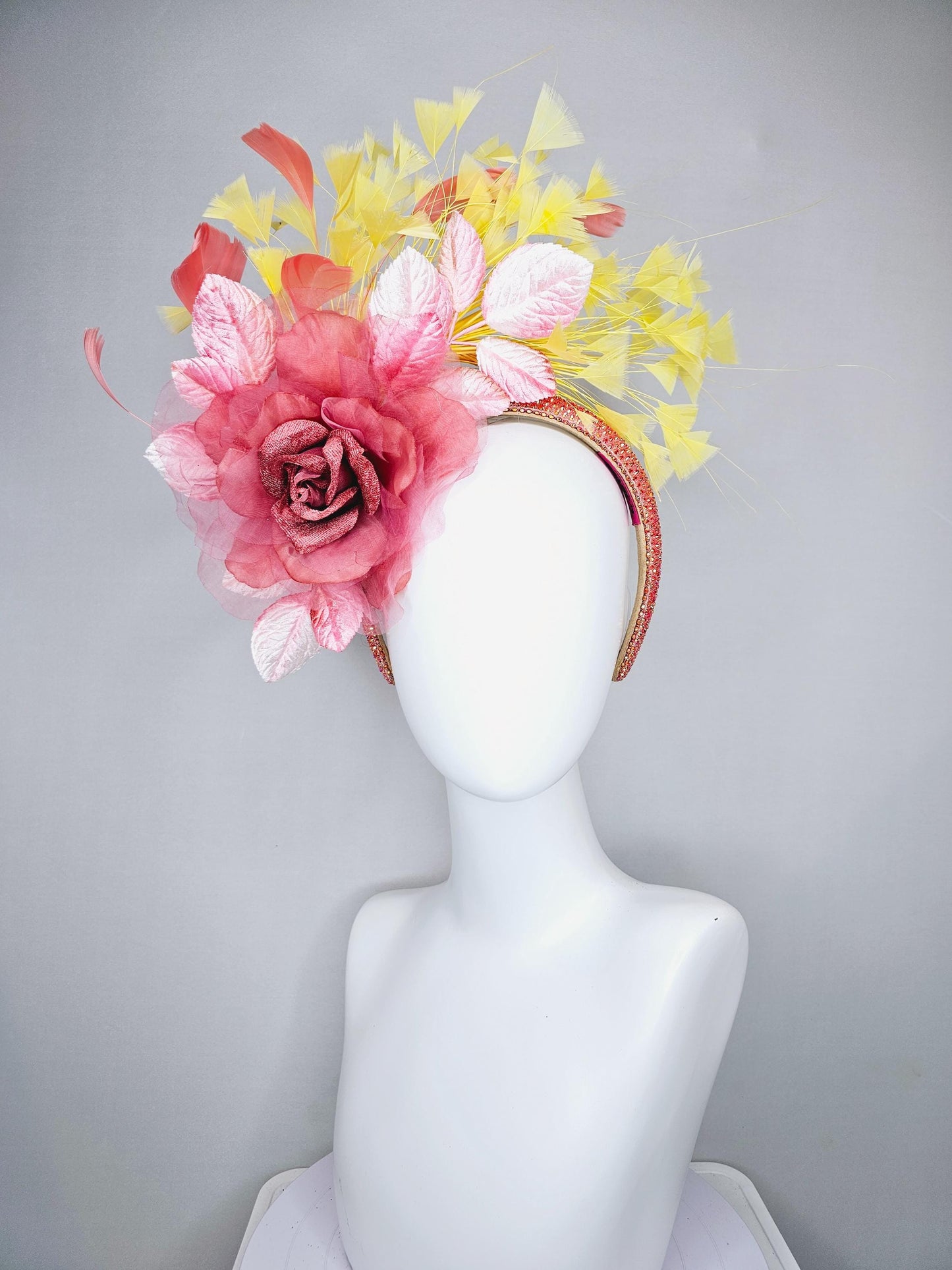 kentucky derby hat fascinator peach coral rhinestone headband,dusty rose organza satin flower, light pink leaves, yellow and peach feathers
