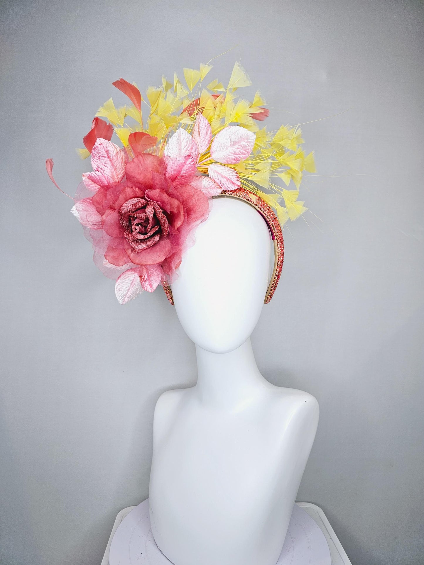 kentucky derby hat fascinator peach coral rhinestone headband,dusty rose organza satin flower, light pink leaves, yellow and peach feathers