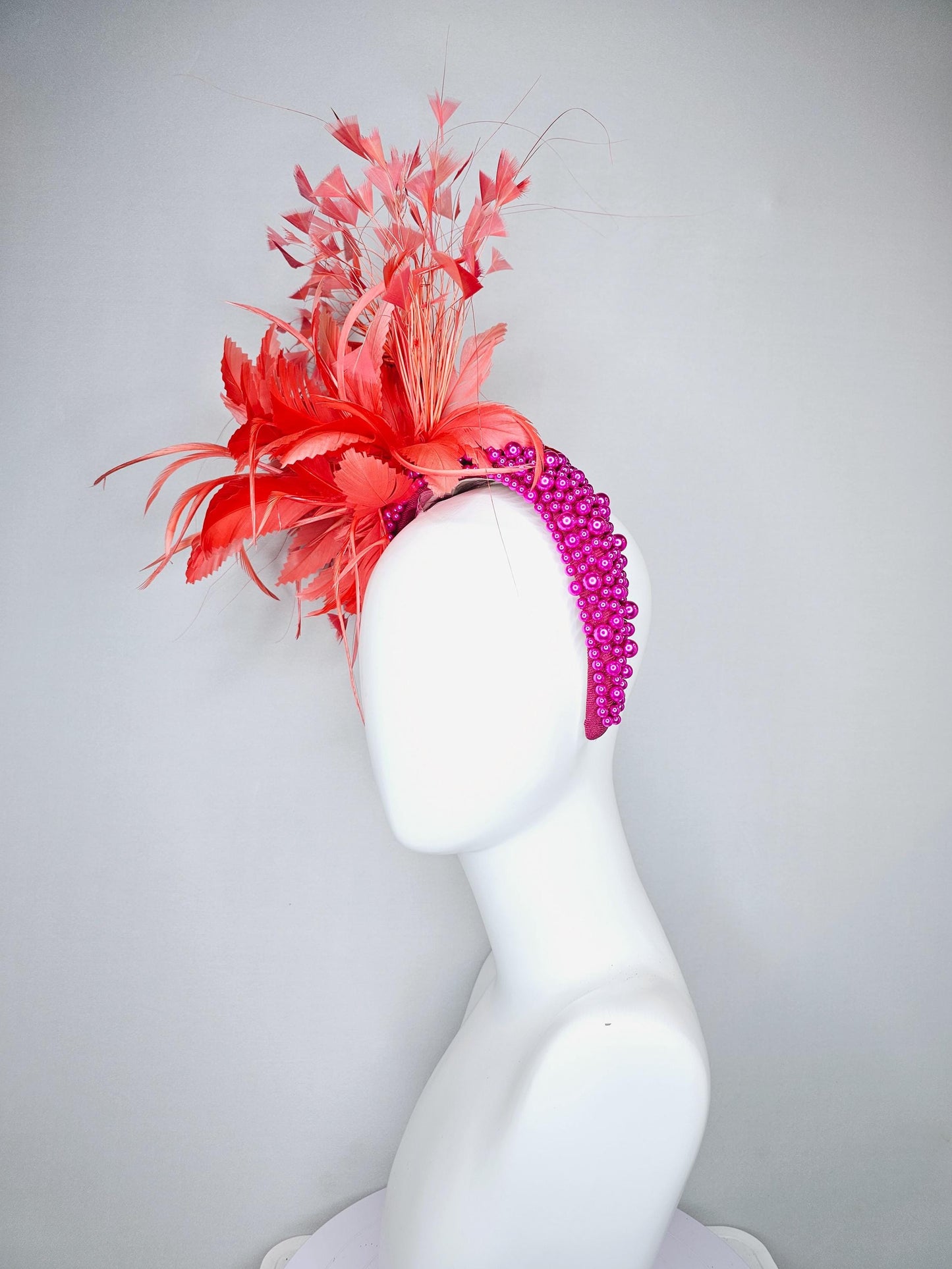 kentucky derby hat fascinator peach light coral orange feather flowers with bright pink fuchsia pearl headband