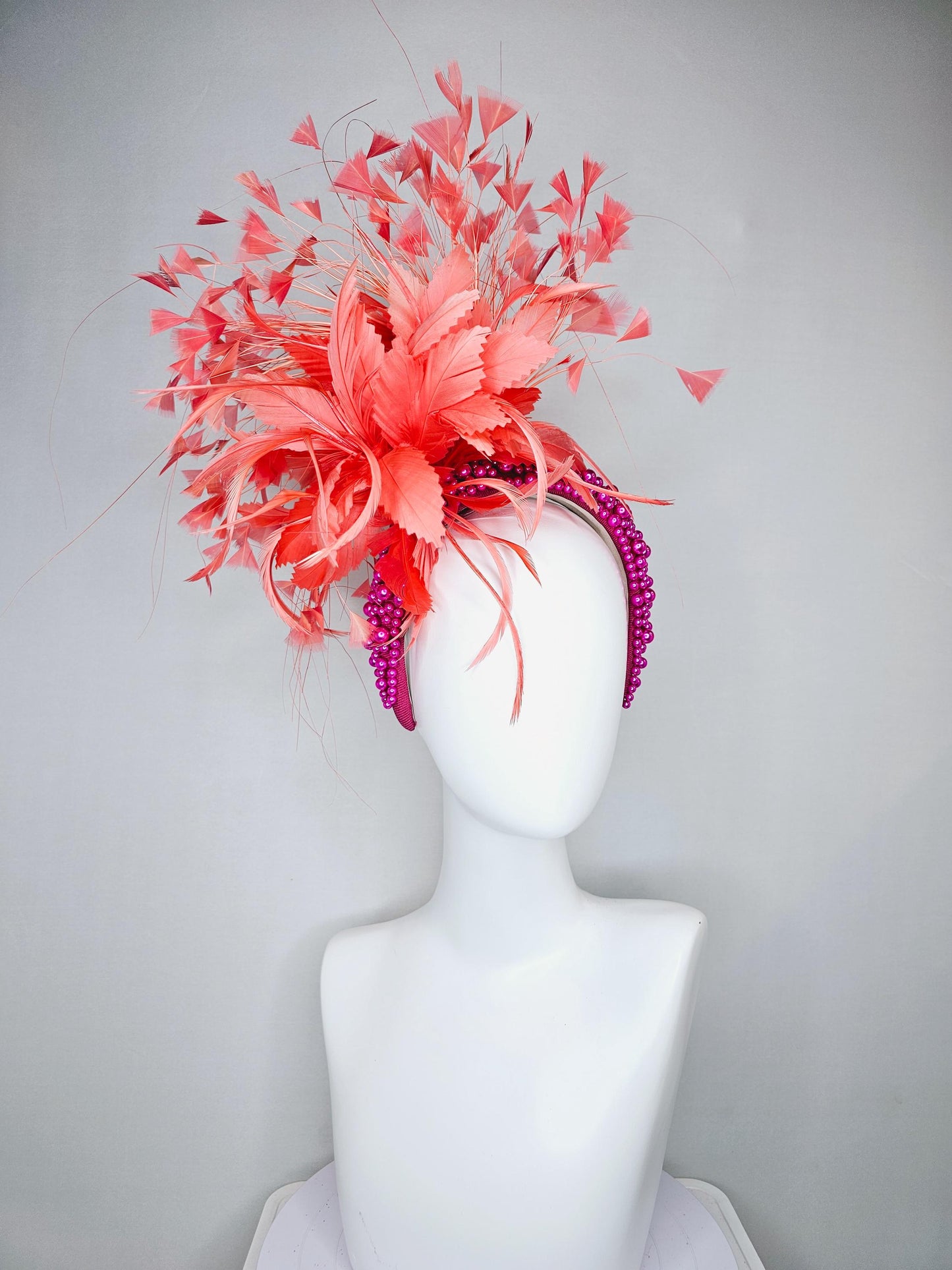 kentucky derby hat fascinator peach light coral orange feather flowers with bright pink fuchsia pearl headband