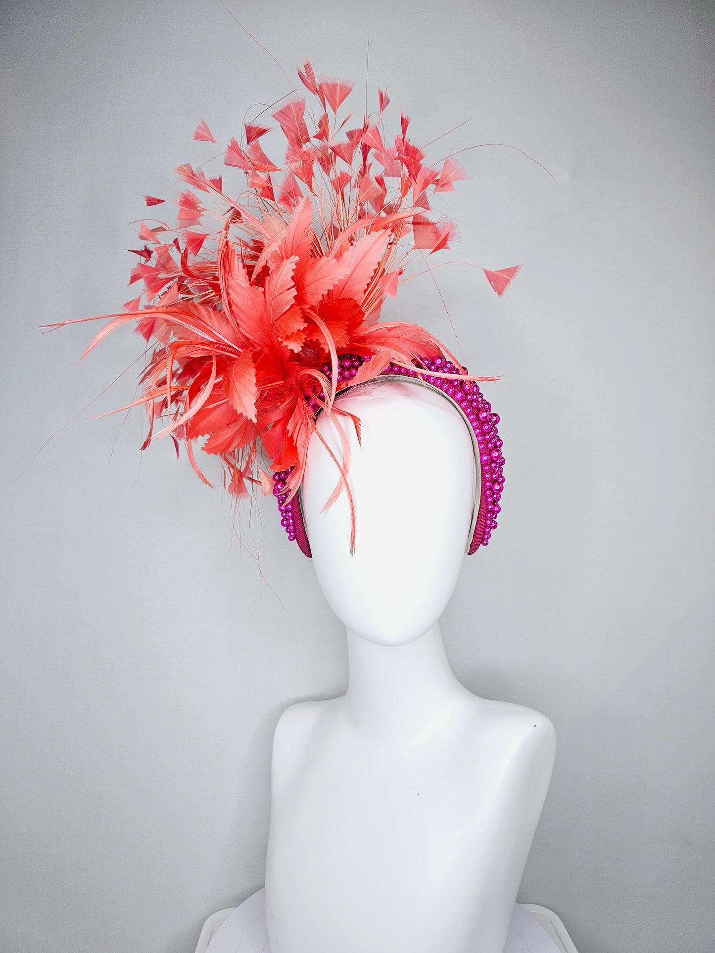 kentucky derby hat fascinator peach light coral orange feather flowers with bright pink fuchsia pearl headband