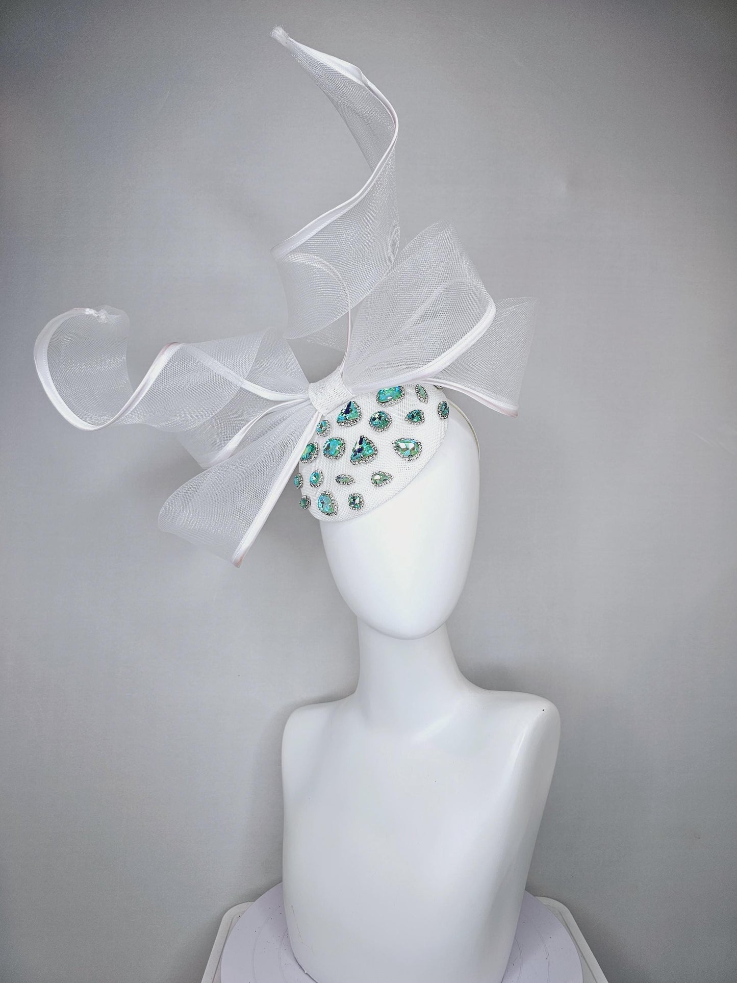 kentucky derby hat fascinator ivory white fabric base w/ mesh and wired ribbon large bendable bow decor,turquoise blue green crystal jewels