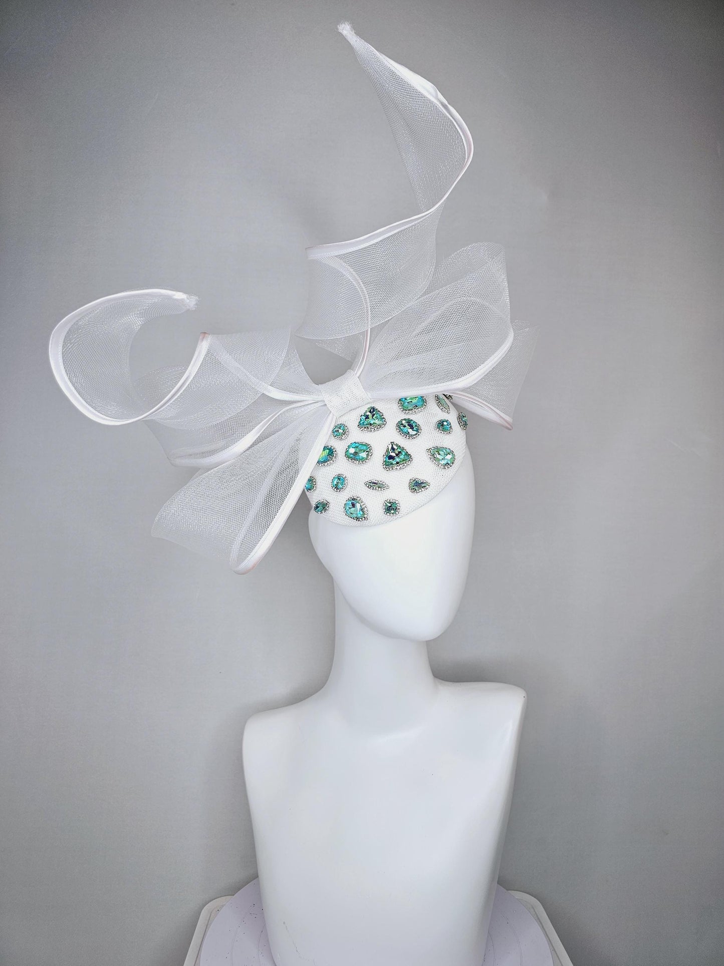 kentucky derby hat fascinator ivory white fabric base w/ mesh and wired ribbon large bendable bow decor,turquoise blue green crystal jewels