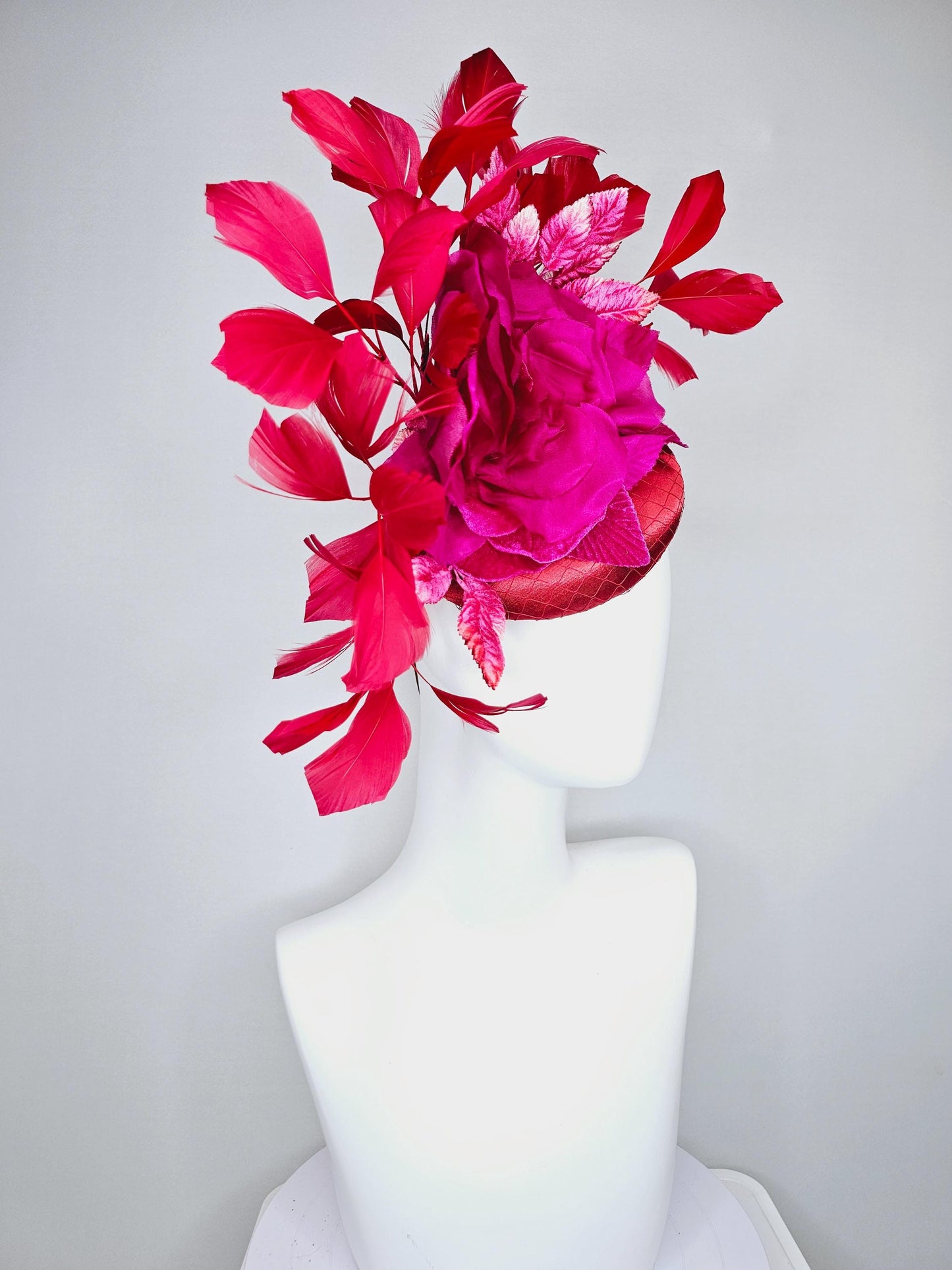 kentucky derby hat fascinator red satin with bright pink satin organza rose flower with red branching red feathers