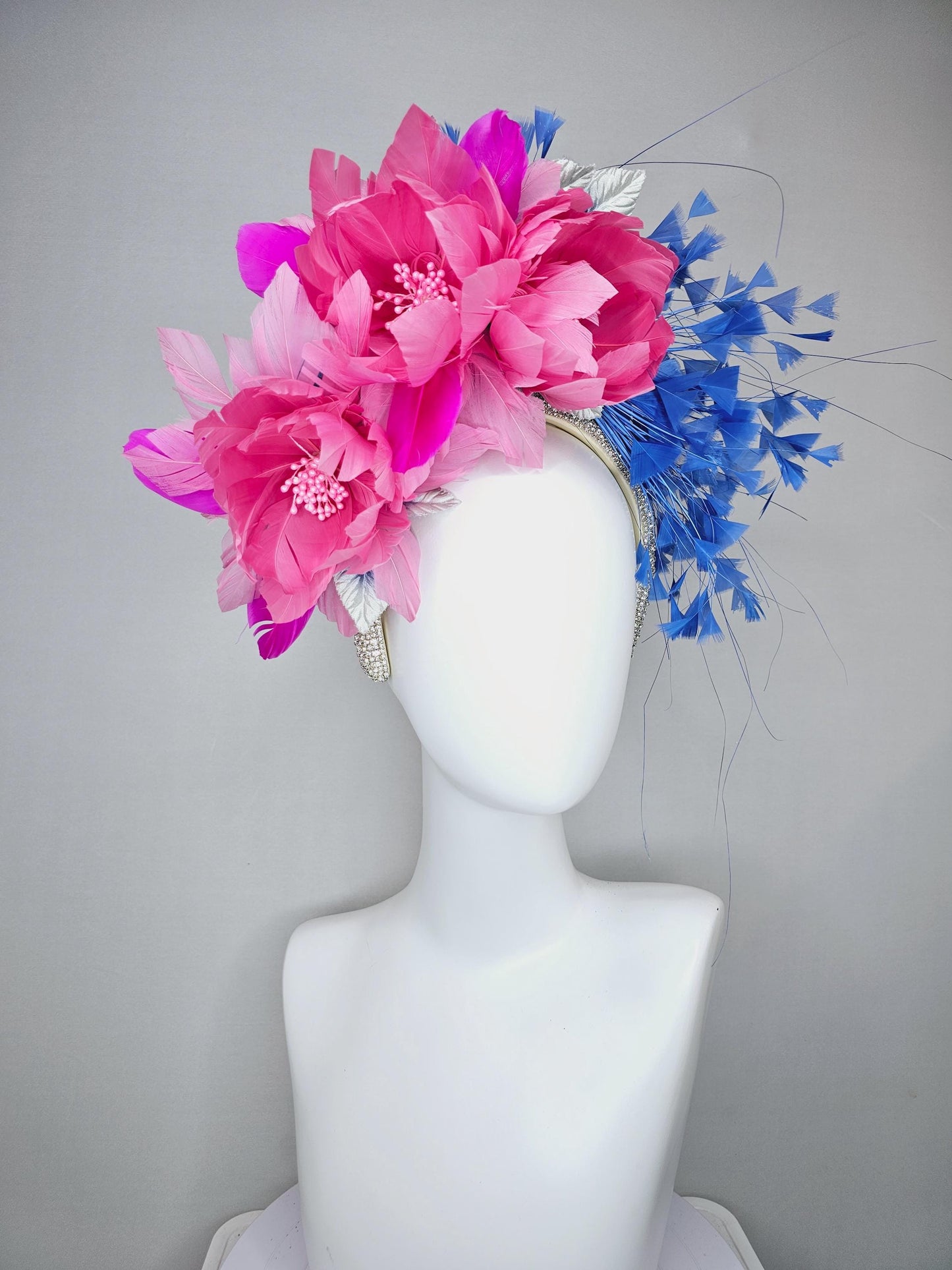 kentucky derby hat fascinator rhinestone crystal headband with branching royal blue feathers and pink feathers flowers with purple feathers