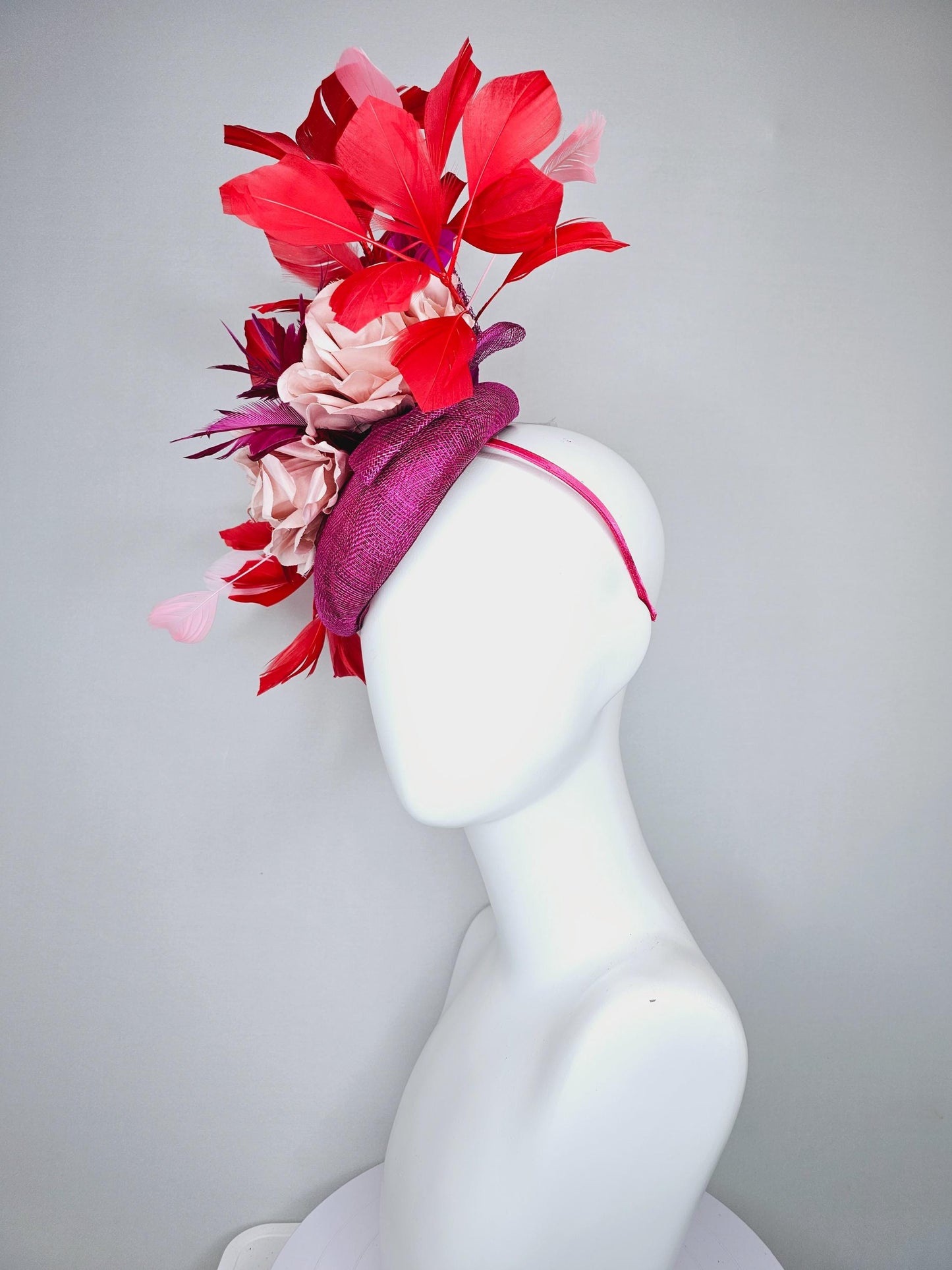 kentucky derby hat fascinator dark fuchsia purple sinamay light pink blush rose flowers with red pink fuchsia branching feathers