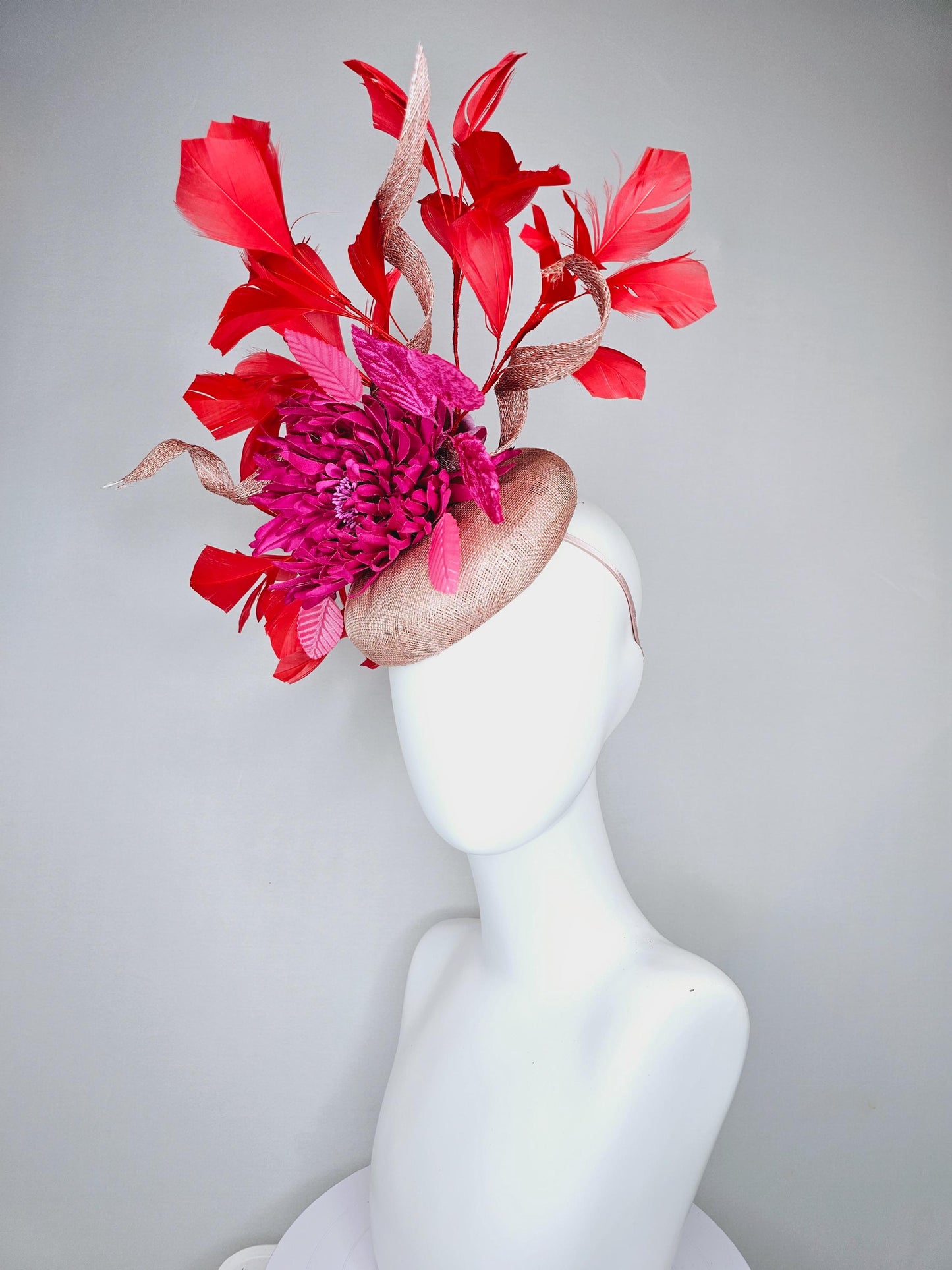 kentucky derby hat fascinator dusty light pink sinamay with hot pink fuchsia satin flower and leaves,sinamay curls, branching red feathers