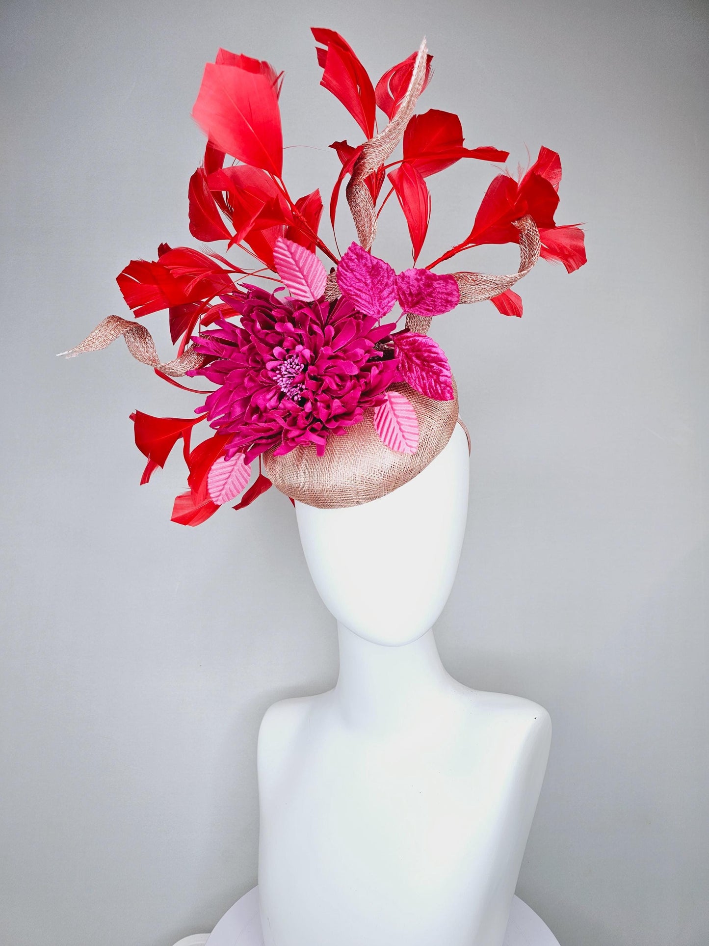 kentucky derby hat fascinator dusty light pink sinamay with hot pink fuchsia satin flower and leaves,sinamay curls, branching red feathers