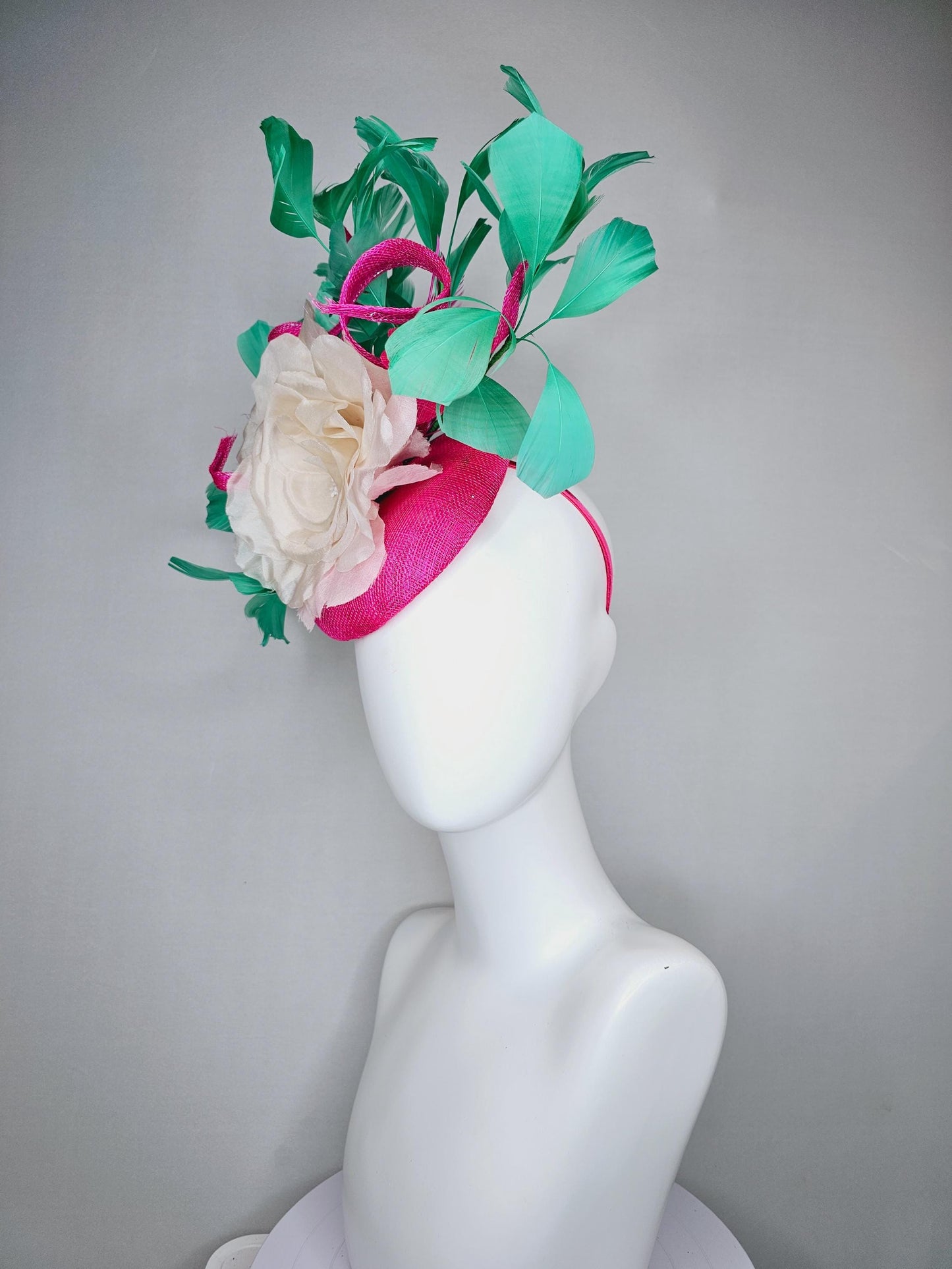kentucky derby hat fascinator bright hot pink sinamay with curls and large ivory white organza satin rose flower with bright green feathers