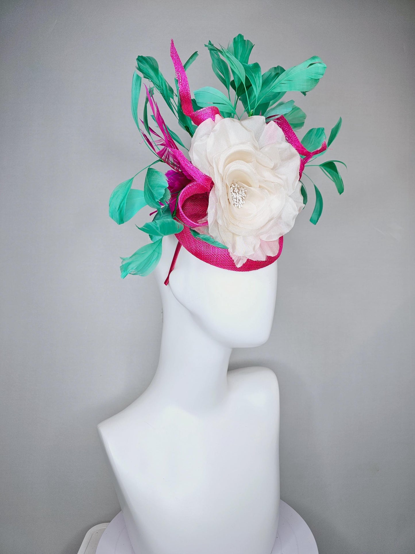 kentucky derby hat fascinator bright hot pink sinamay with curls and large ivory white organza satin rose flower with bright green feathers