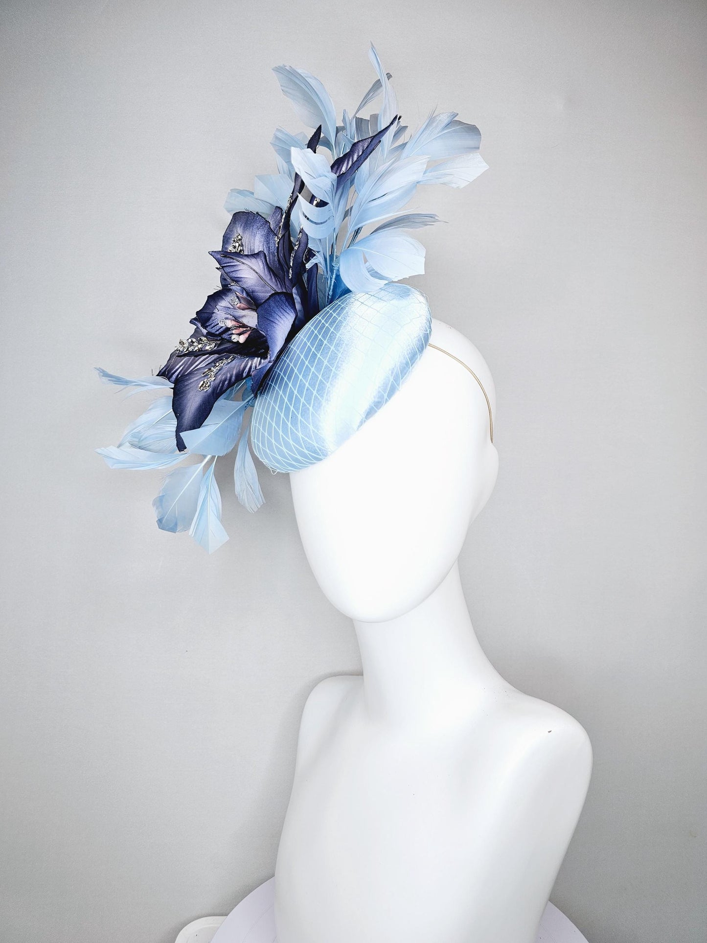 kentucky derby hat fascinator light baby blue satin with ombre navy blue silk crystal embroidered flower,branching baby light blue feathers