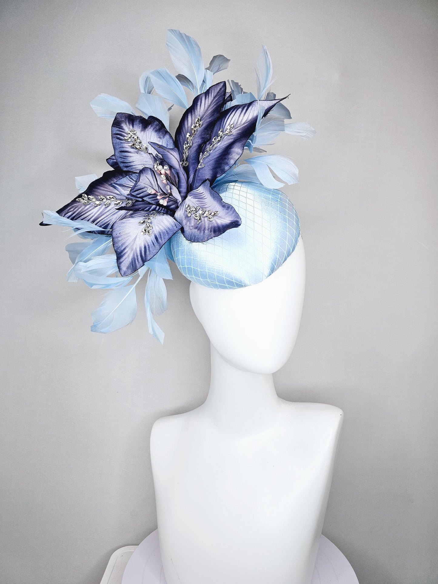 kentucky derby hat fascinator light baby blue satin with ombre navy blue silk crystal embroidered flower,branching baby light blue feathers