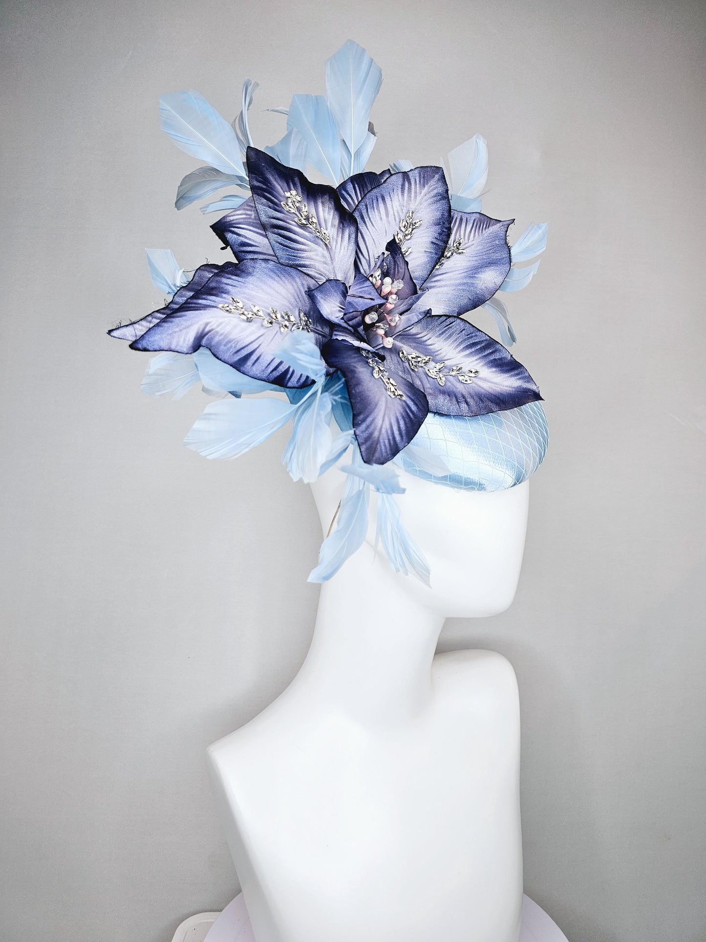 kentucky derby hat fascinator light baby blue satin with ombre navy blue silk crystal embroidered flower,branching baby light blue feathers