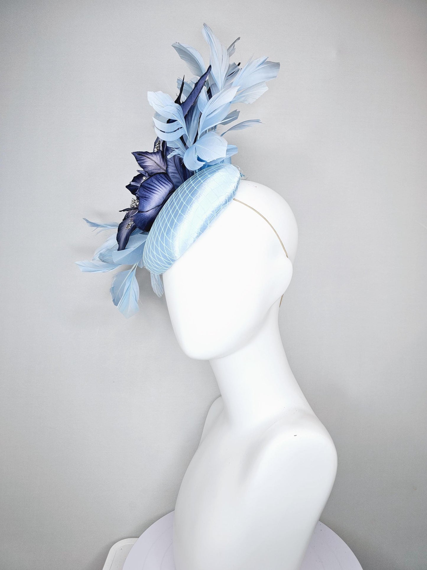 kentucky derby hat fascinator light baby blue satin with ombre navy blue silk crystal embroidered flower,branching baby light blue feathers