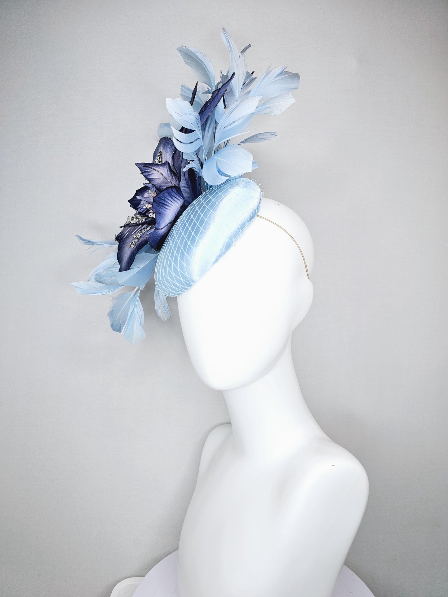 kentucky derby hat fascinator light baby blue satin with ombre navy blue silk crystal embroidered flower,branching baby light blue feathers