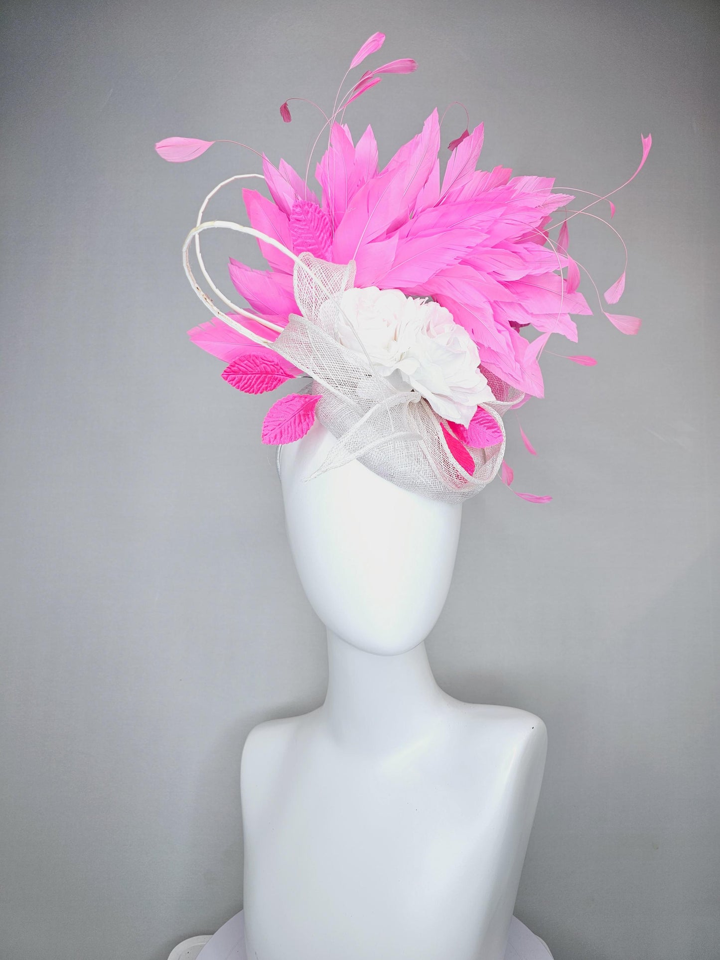 kentucky derby hat fascinator ivory white sinamay with sinamay curls,white satin silk flowers with bright pink feathers and pink leaves