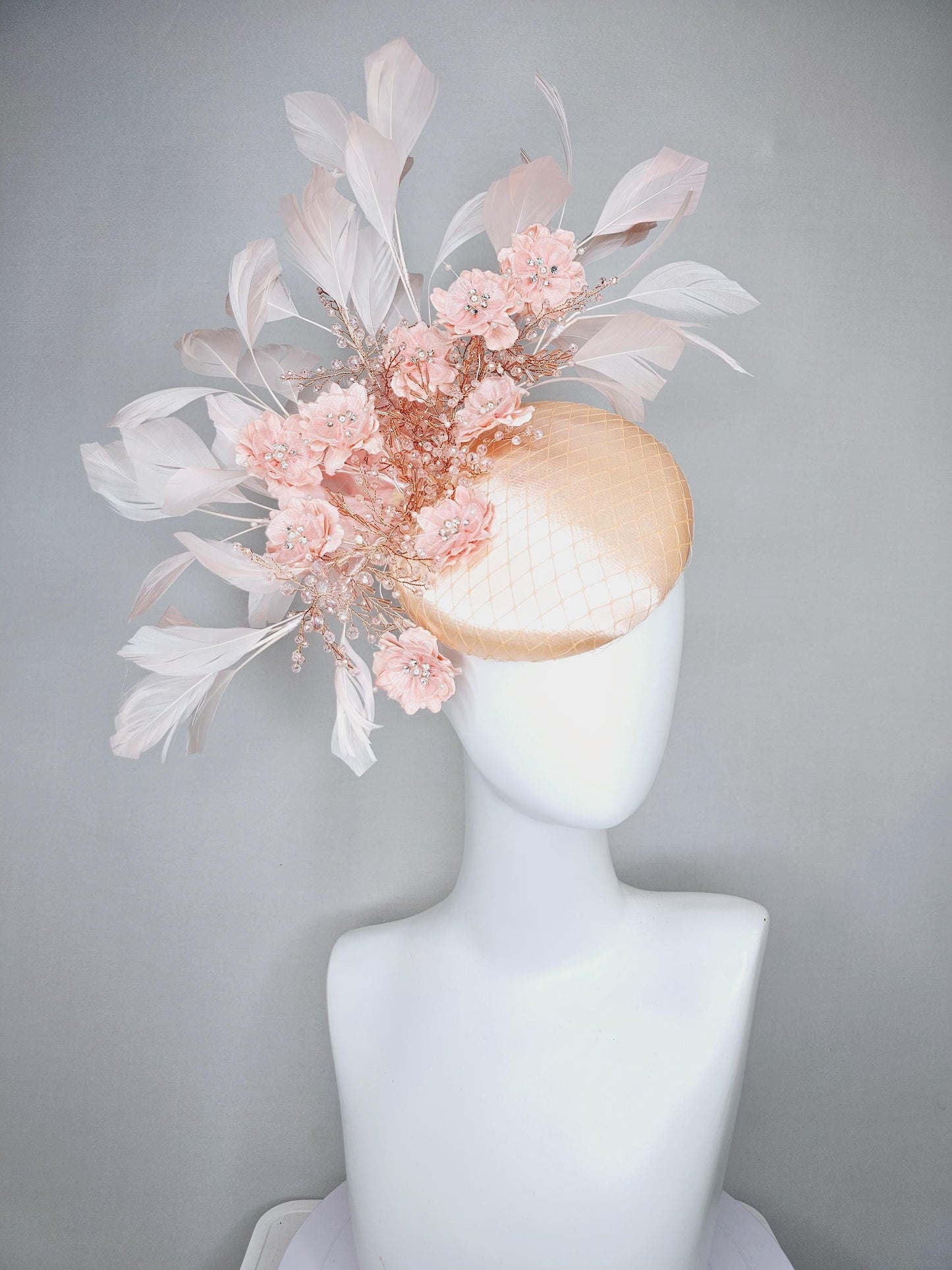 kentucky derby hat fascinator champagne beige satin with netting,peach pink satin flowers with crystal rhinestone stems,light pink feathers